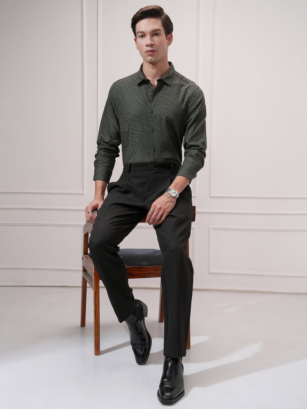 Highlander Men Green Self Design Slim Fit Casual Shirt - Green - Image 2