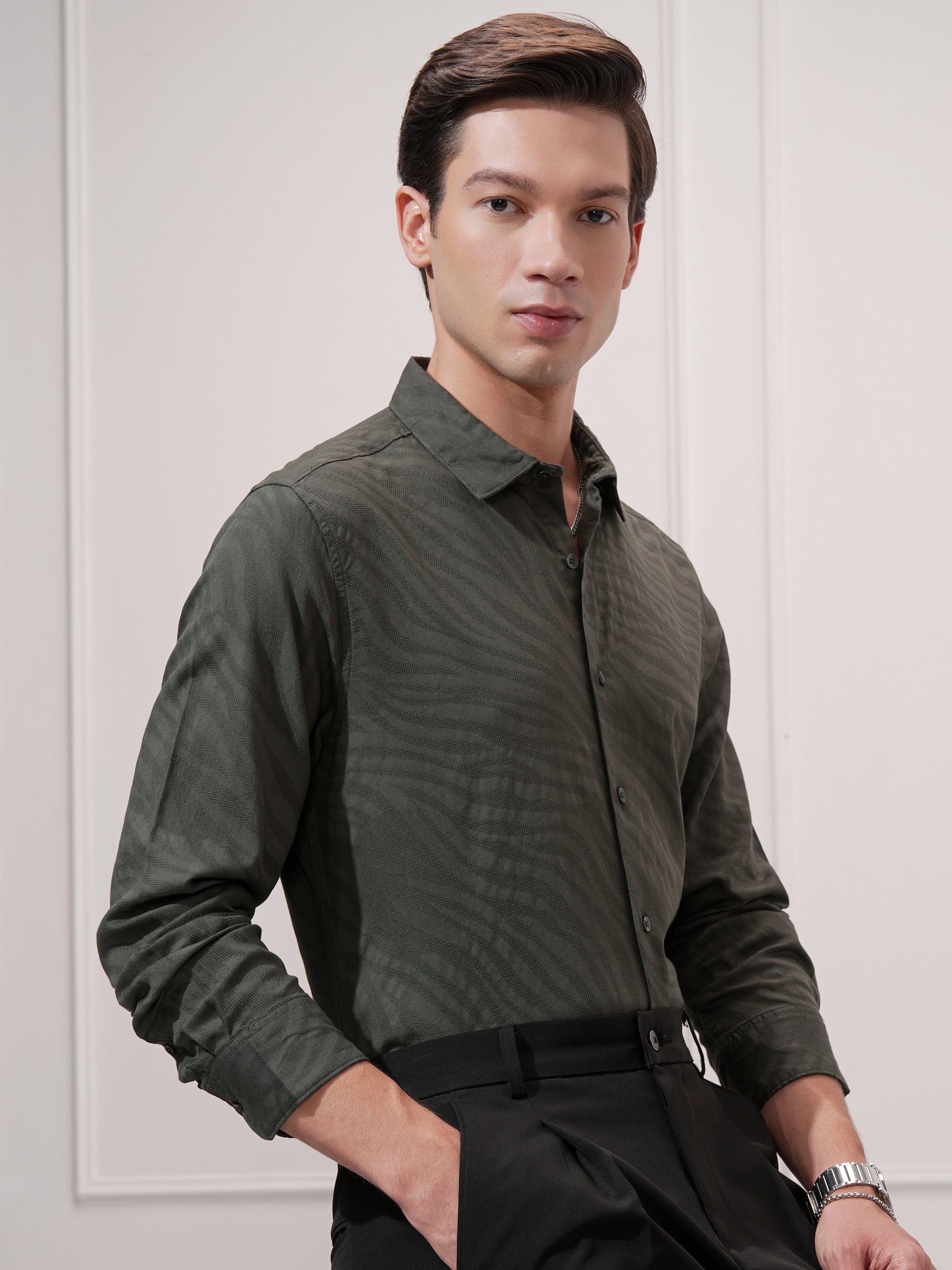 Highlander Men Green Self Design Slim Fit Casual Shirt - Green - Image 6