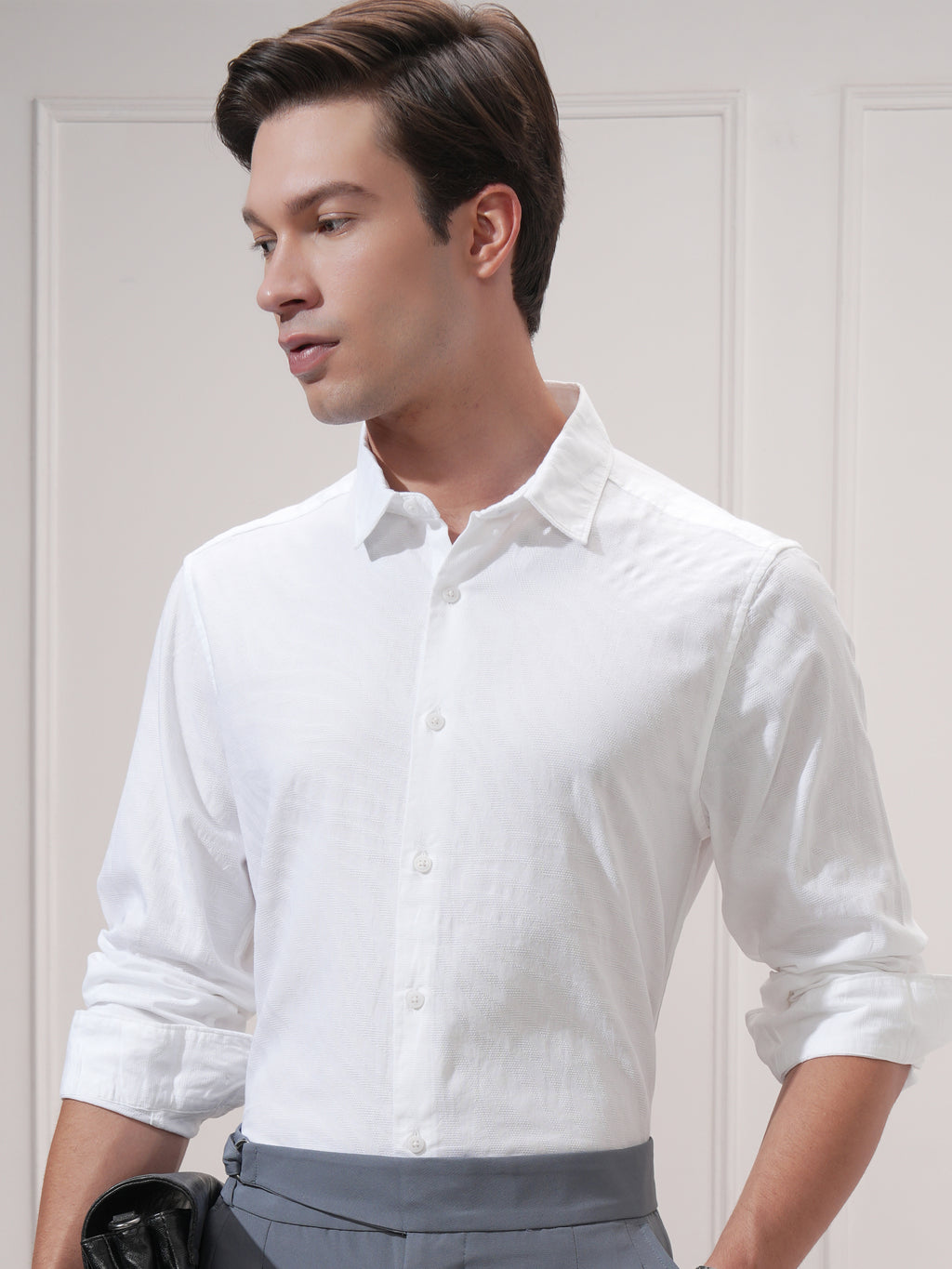 Highlander Men White Self Design Slim Fit Casual Shirt - White - Image 1