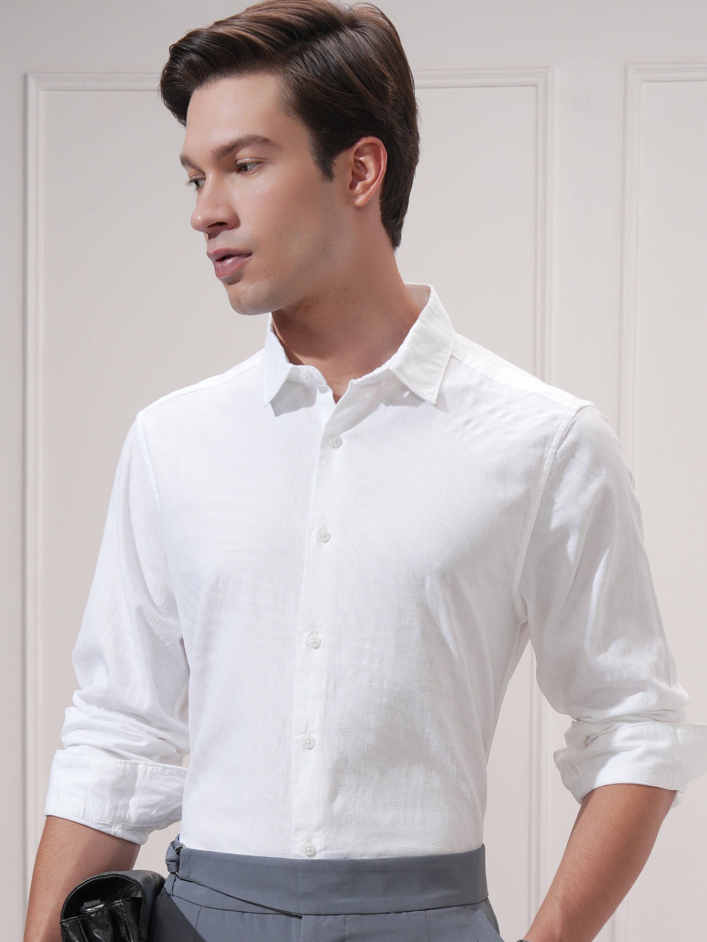 Highlander Men White Self Design Slim Fit Casual Shirt - White - Image 1