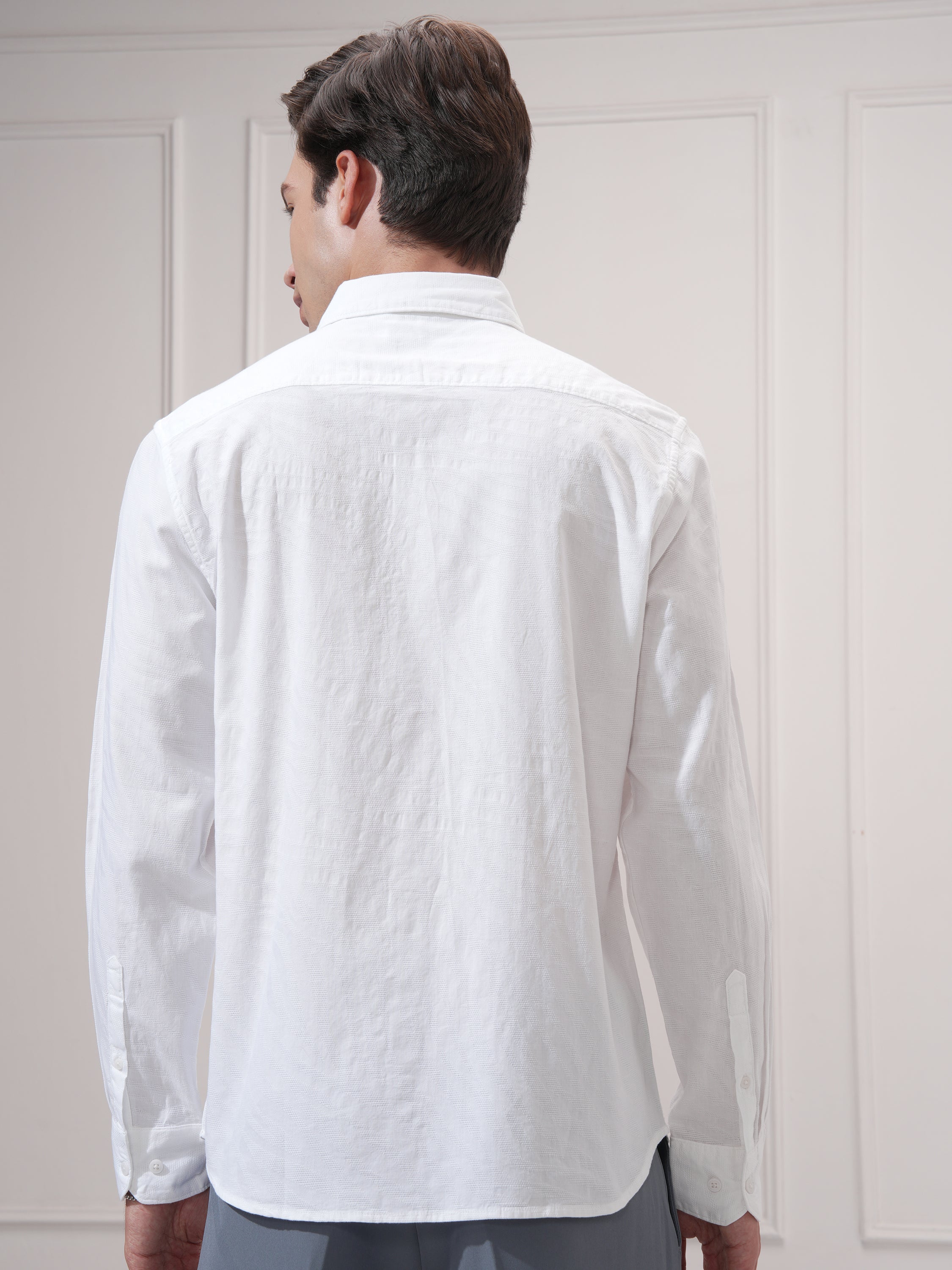 Highlander Men White Self Design Slim Fit Casual Shirt - White - Image 3