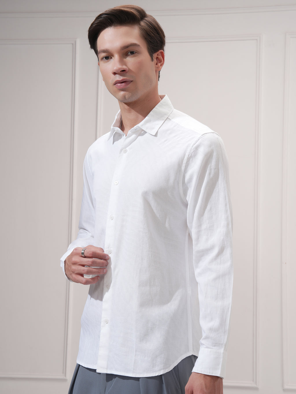 Highlander Men White Self Design Slim Fit Casual Shirt - White - Image 4