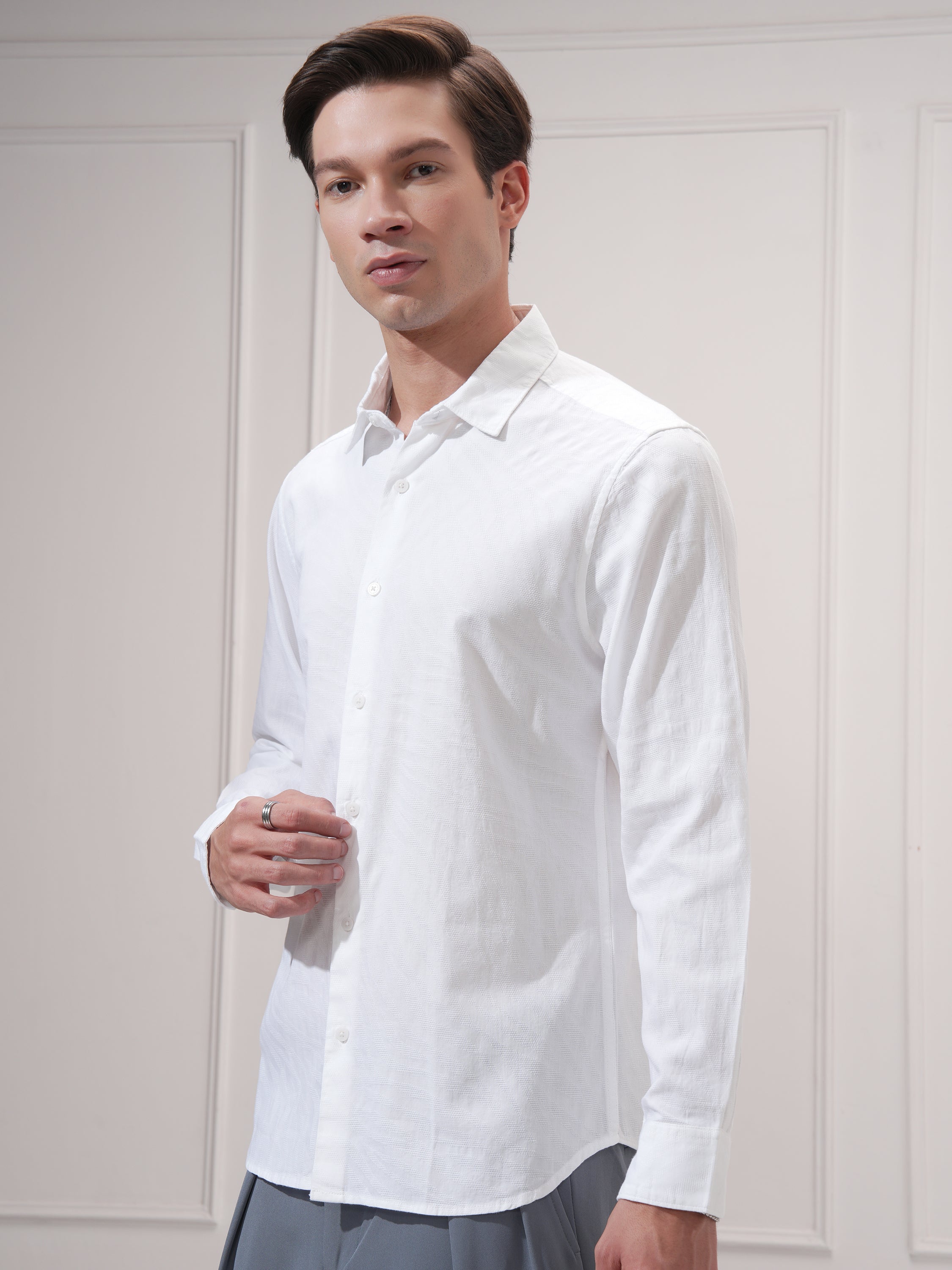 Highlander Men White Self Design Slim Fit Casual Shirt - White - Image 4