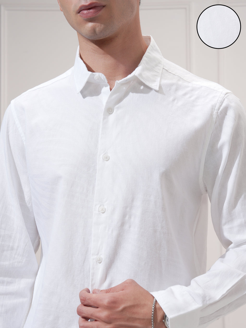 Highlander Men White Self Design Slim Fit Casual Shirt - White - Image 5