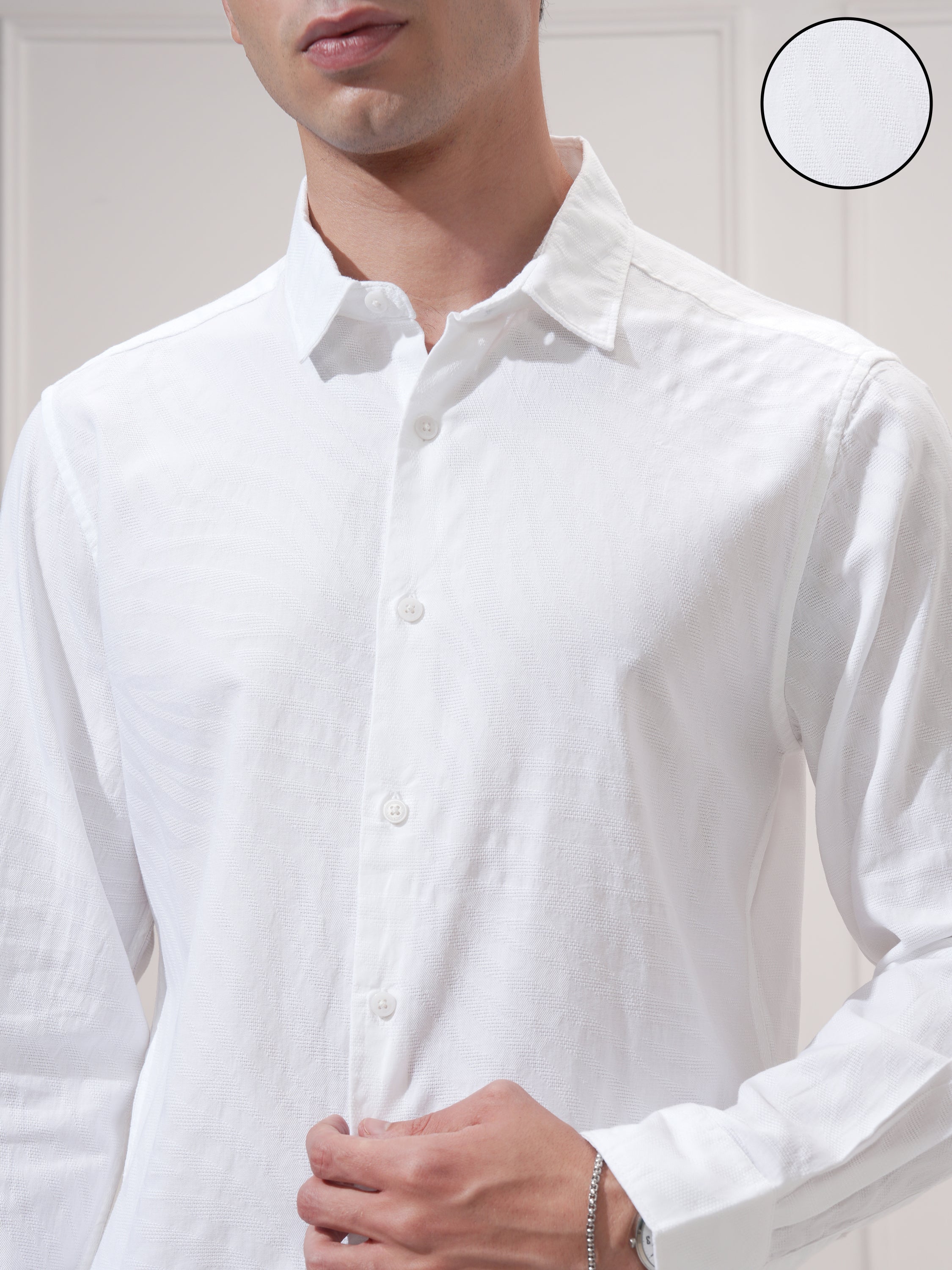 Highlander Men White Self Design Slim Fit Casual Shirt - White - Image 5