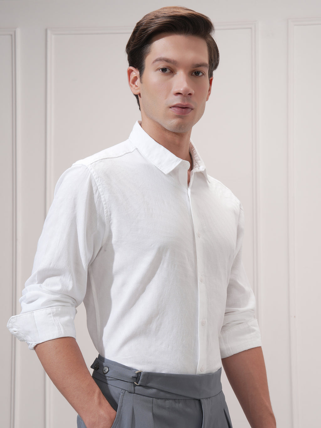 Highlander Men White Self Design Slim Fit Casual Shirt - White - Image 6
