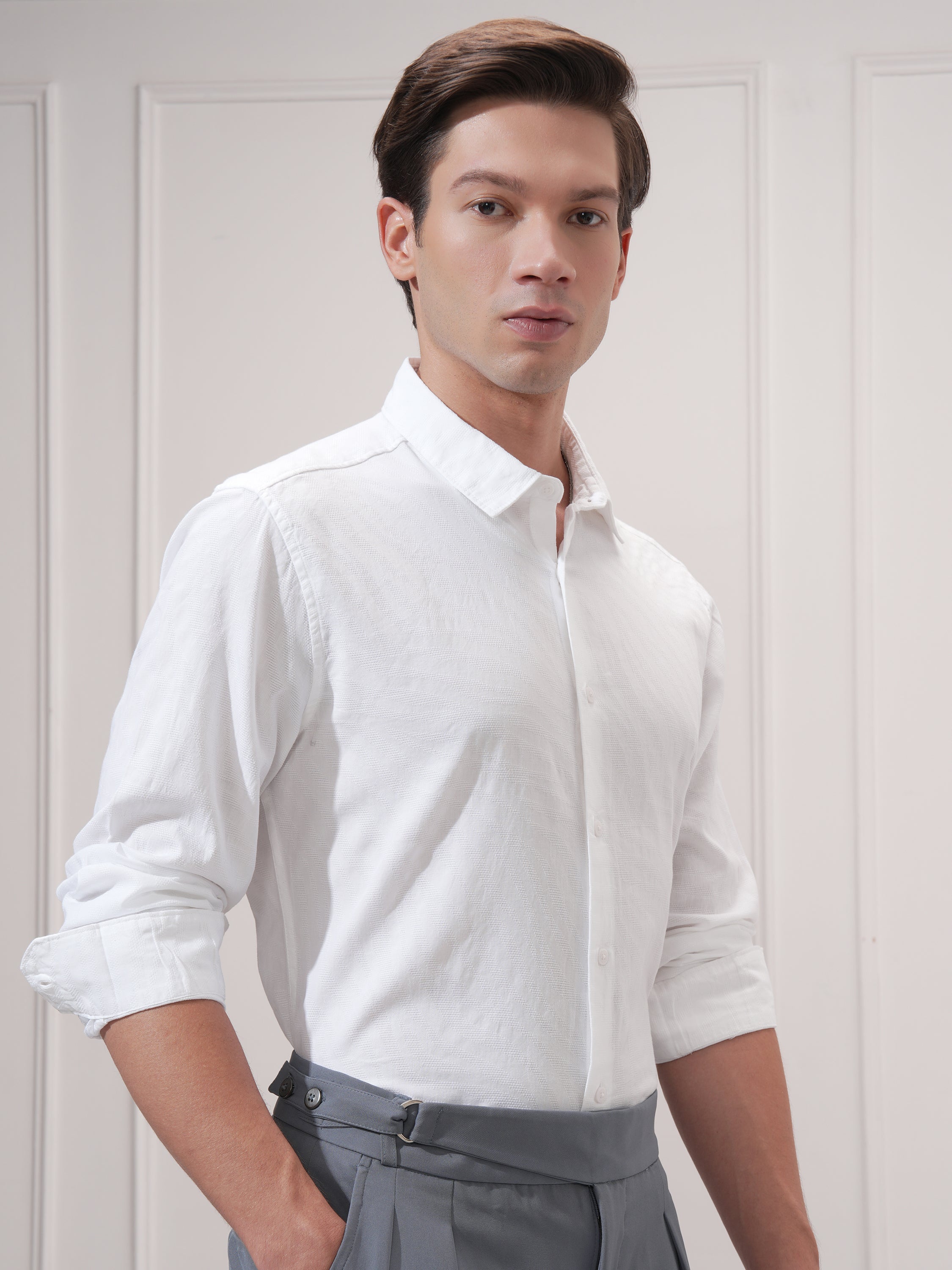 Highlander Men White Self Design Slim Fit Casual Shirt - White - Image 6