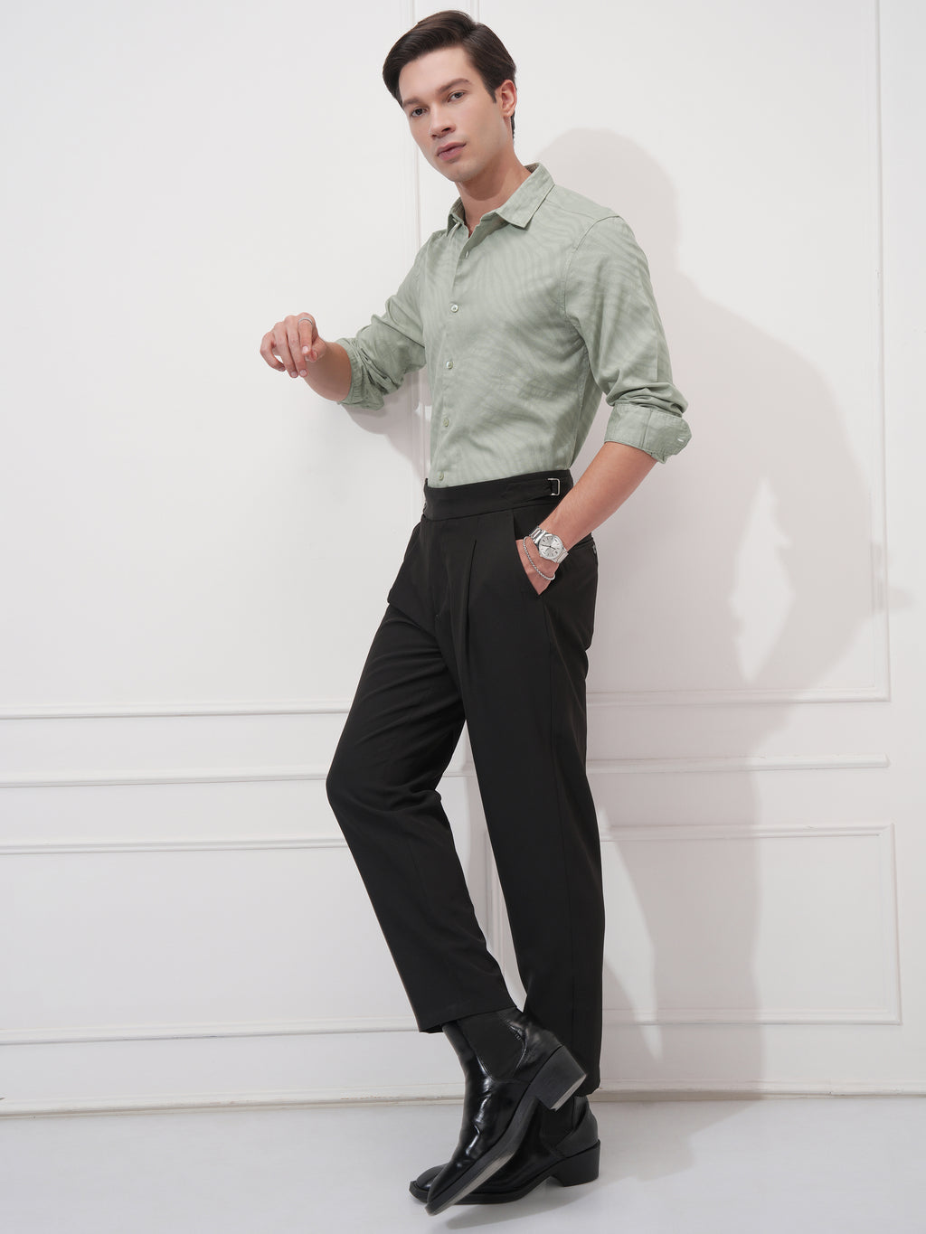 Highlander Men Green Self Design Slim Fit Casual Shirt - Green - Image 2