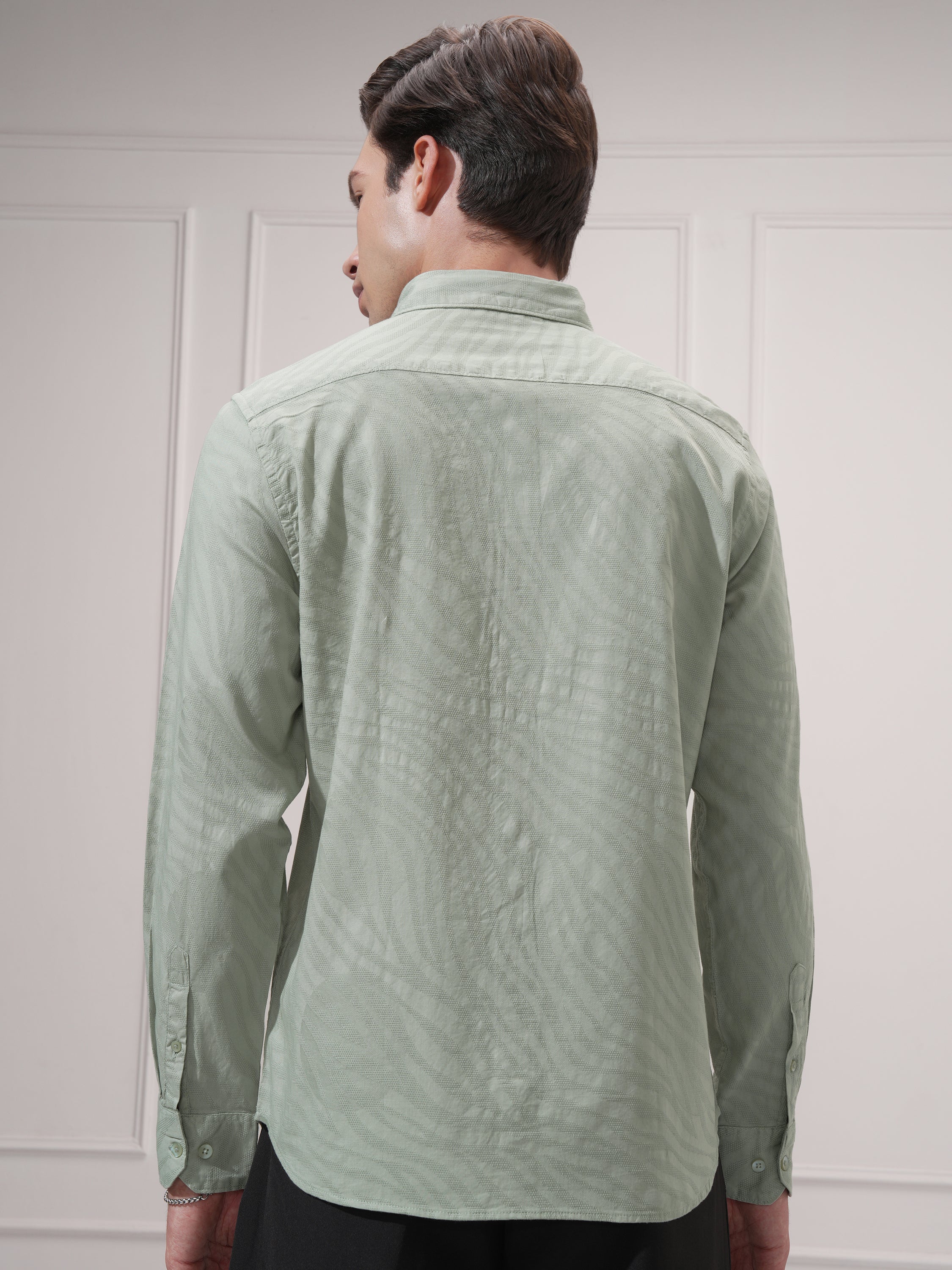 Highlander Men Green Self Design Slim Fit Casual Shirt - Green - Image 3