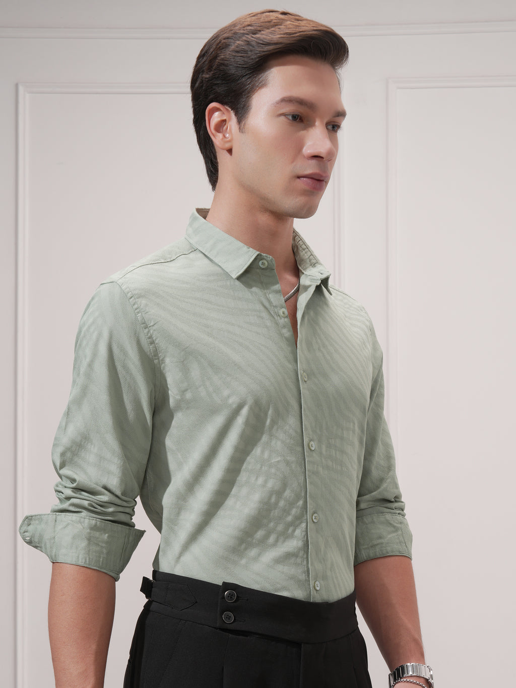 Highlander Men Green Self Design Slim Fit Casual Shirt - Green - Image 6