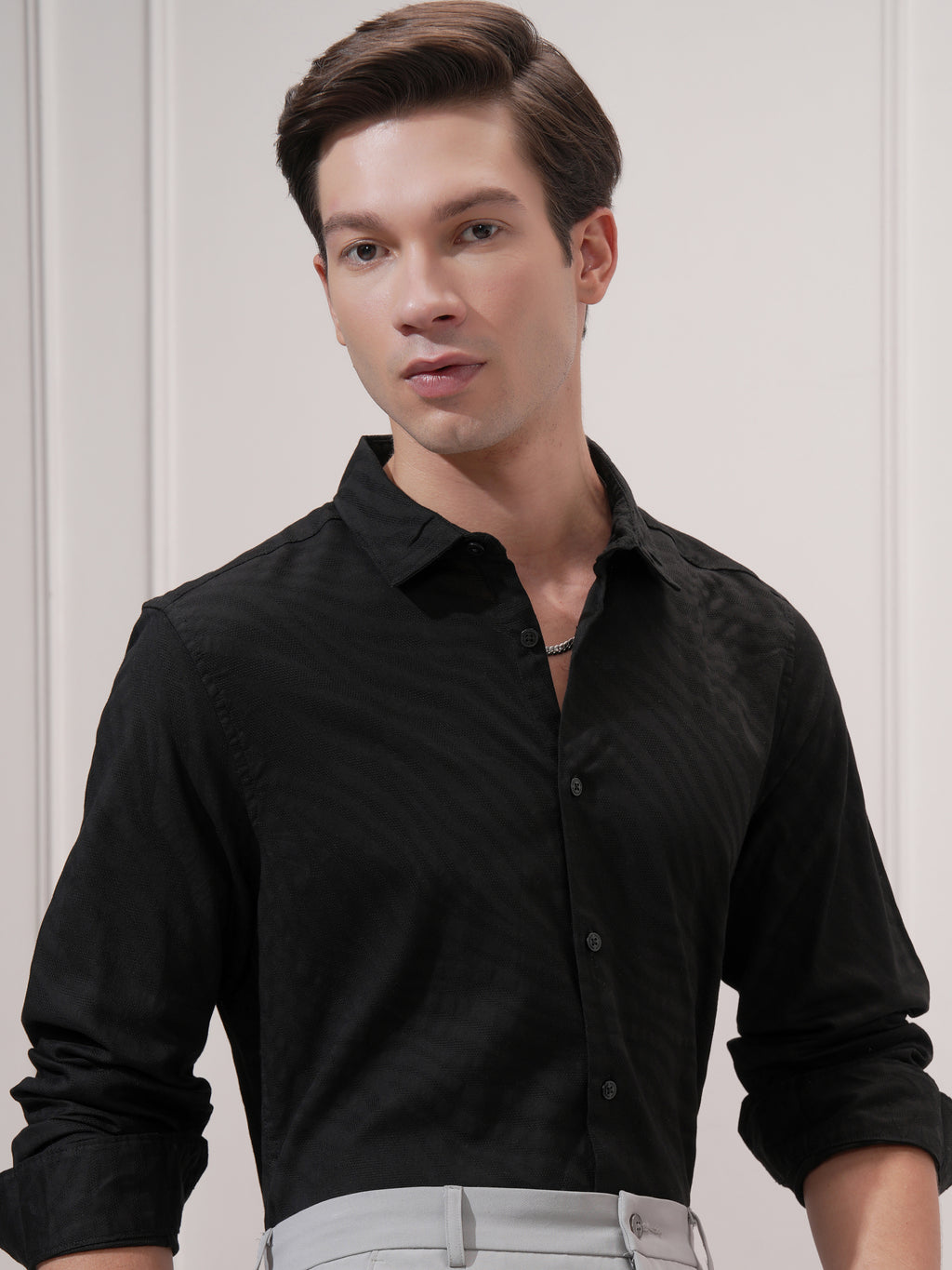Highlander Men Black Self Design Slim Fit Casual Shirt - Black - Image 1