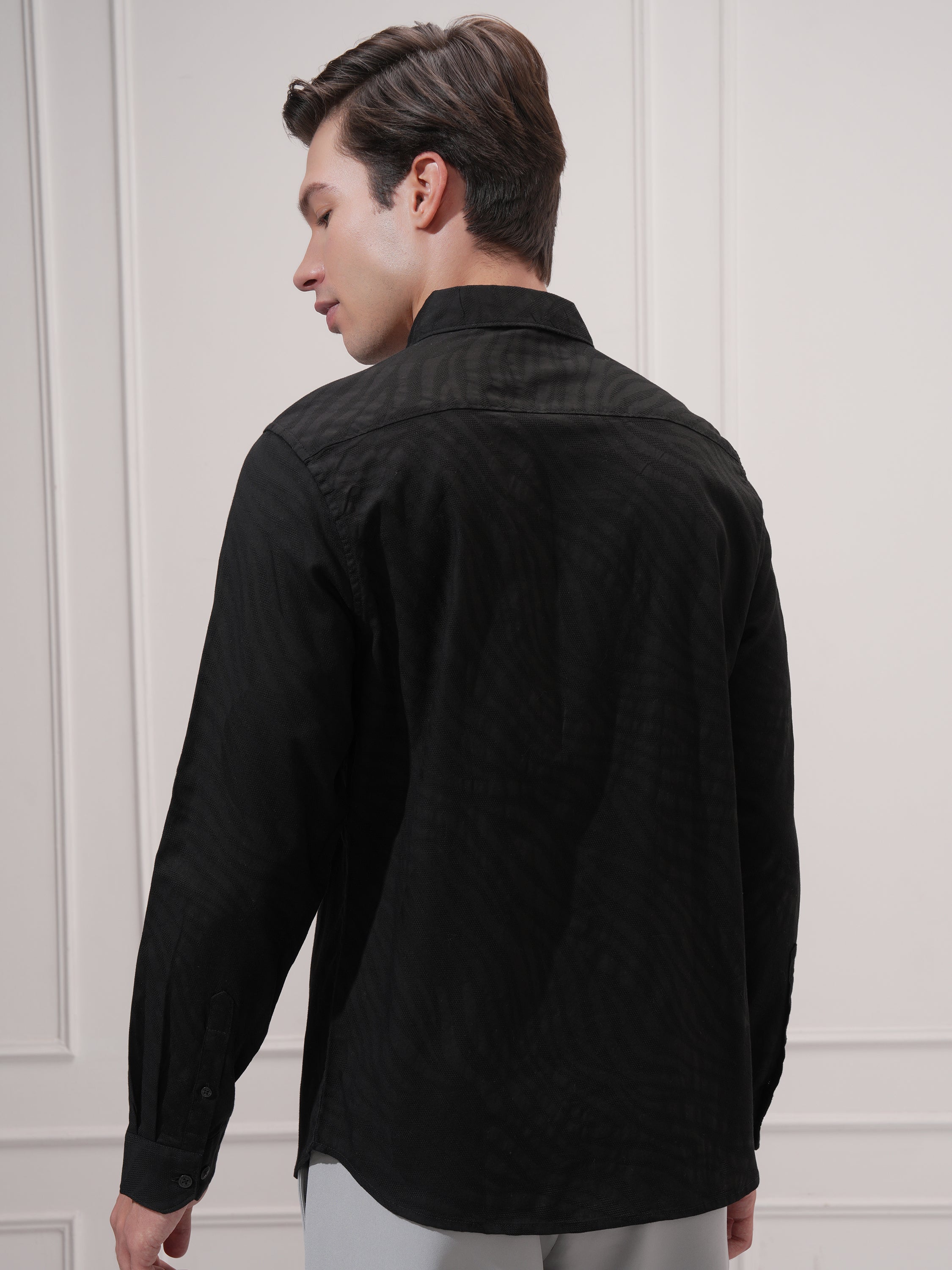 Highlander Men Black Self Design Slim Fit Casual Shirt - Black - Image 3