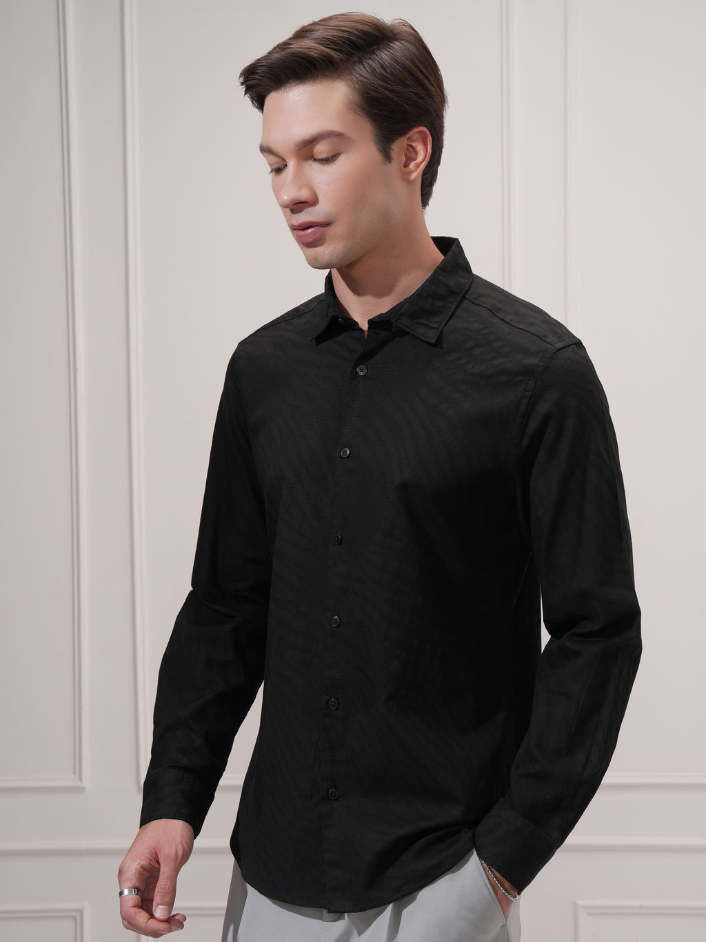 Highlander Men Black Self Design Slim Fit Casual Shirt - Black - Image 4