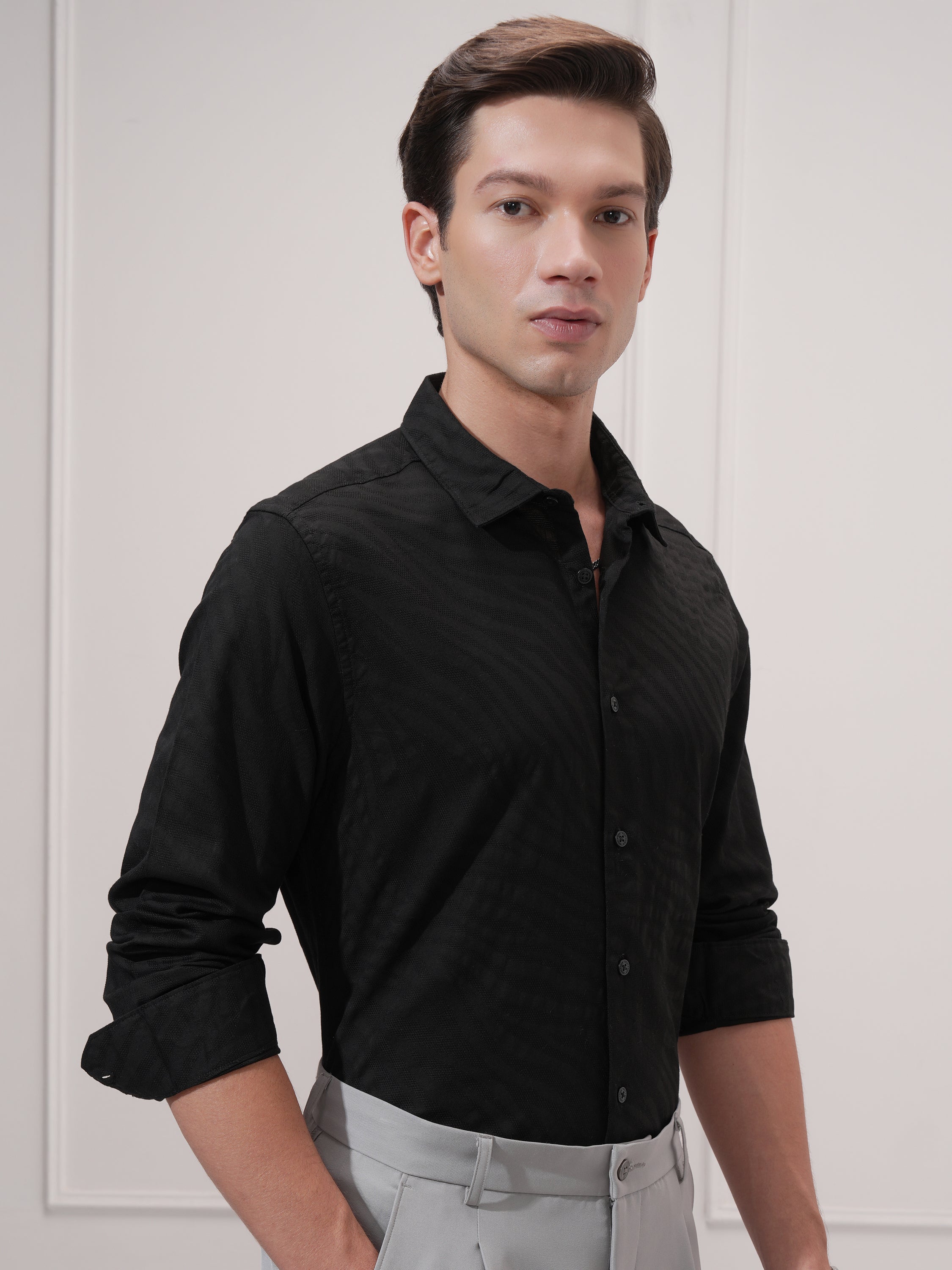 Highlander Men Black Self Design Slim Fit Casual Shirt - Black - Image 6
