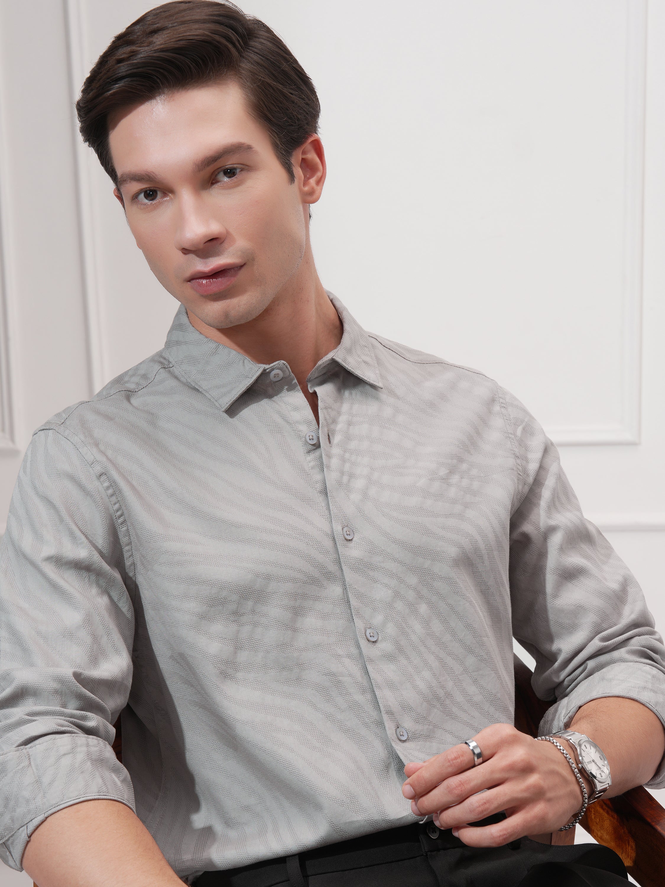 Highlander Men Grey Self Design Slim Fit Casual Shirt - Grey - Image 1