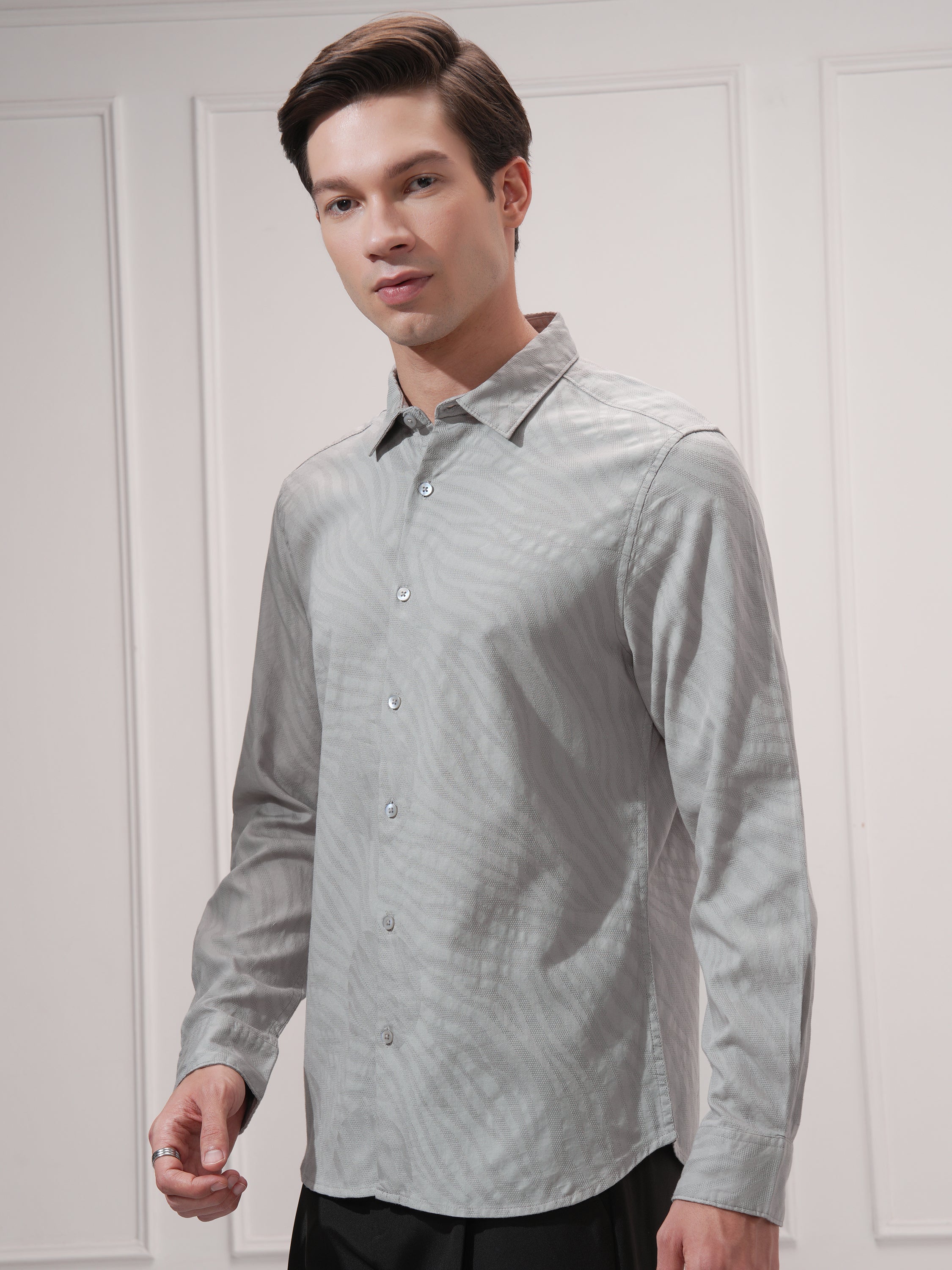 Highlander Men Grey Self Design Slim Fit Casual Shirt - Grey - Image 4