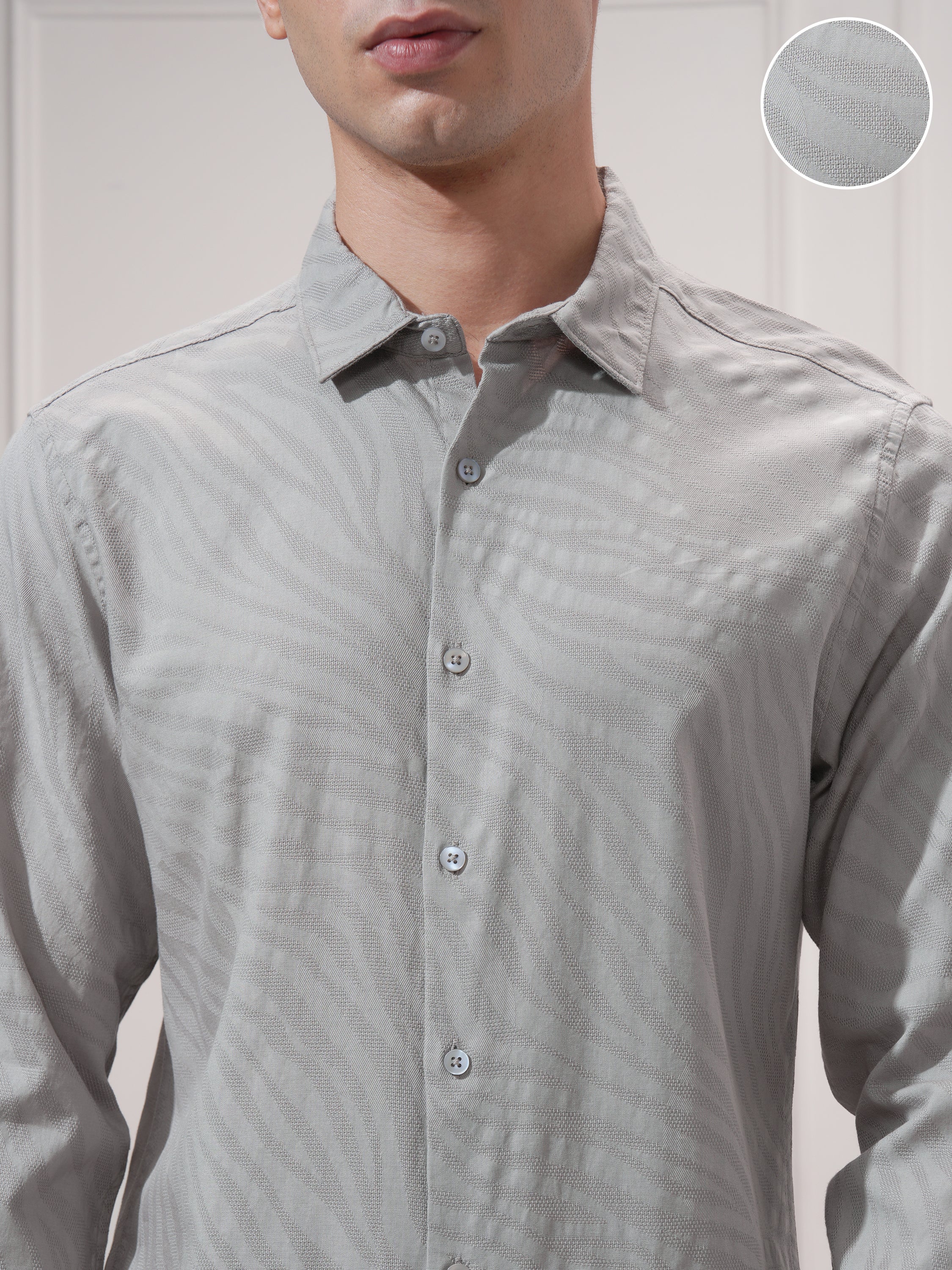 Highlander Men Grey Self Design Slim Fit Casual Shirt - Grey - Image 5