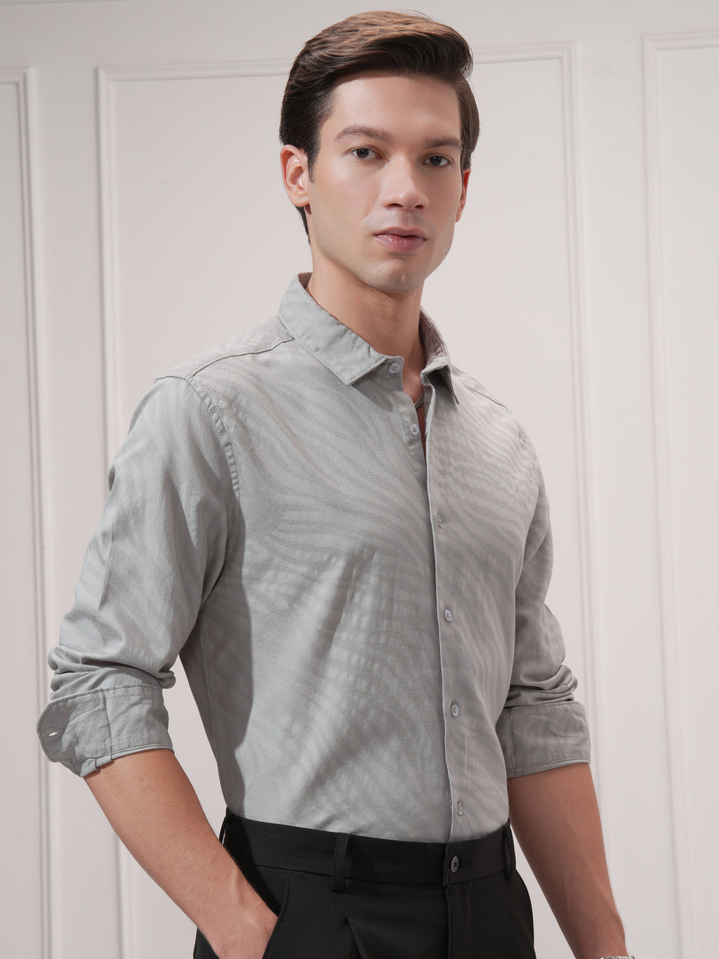 Highlander Men Grey Self Design Slim Fit Casual Shirt - Grey - Image 6