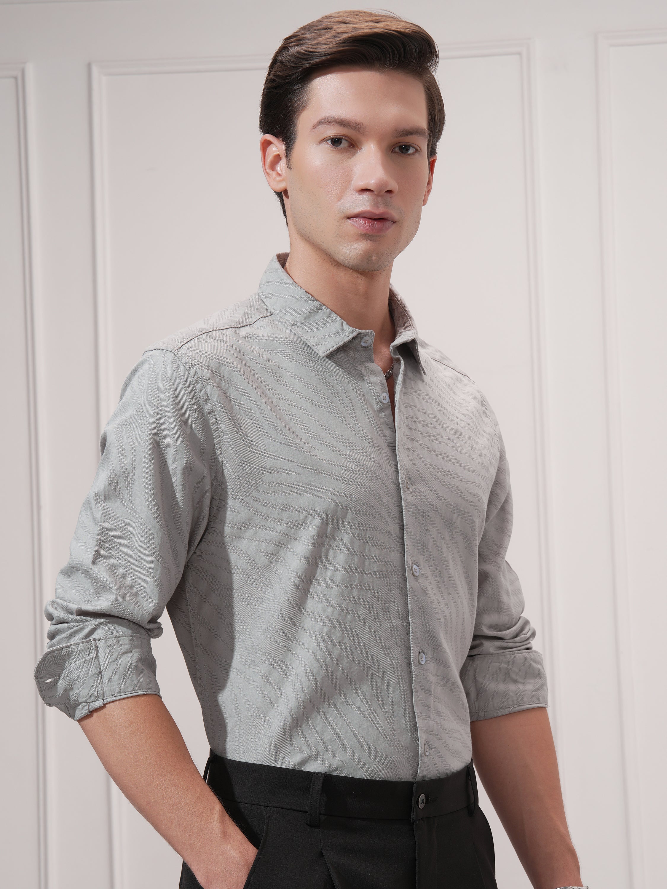 Highlander Men Grey Self Design Slim Fit Casual Shirt - Grey - Image 6