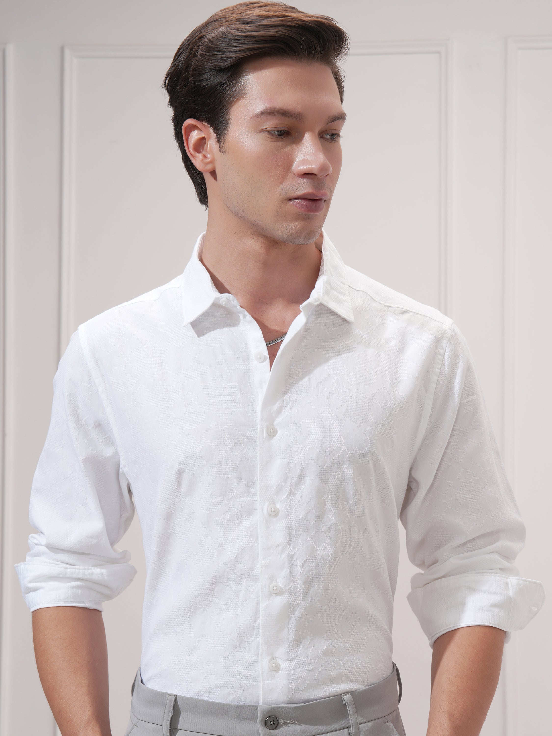 Highlander Men White Self Design Slim Fit Casual Shirt - White - Image 1