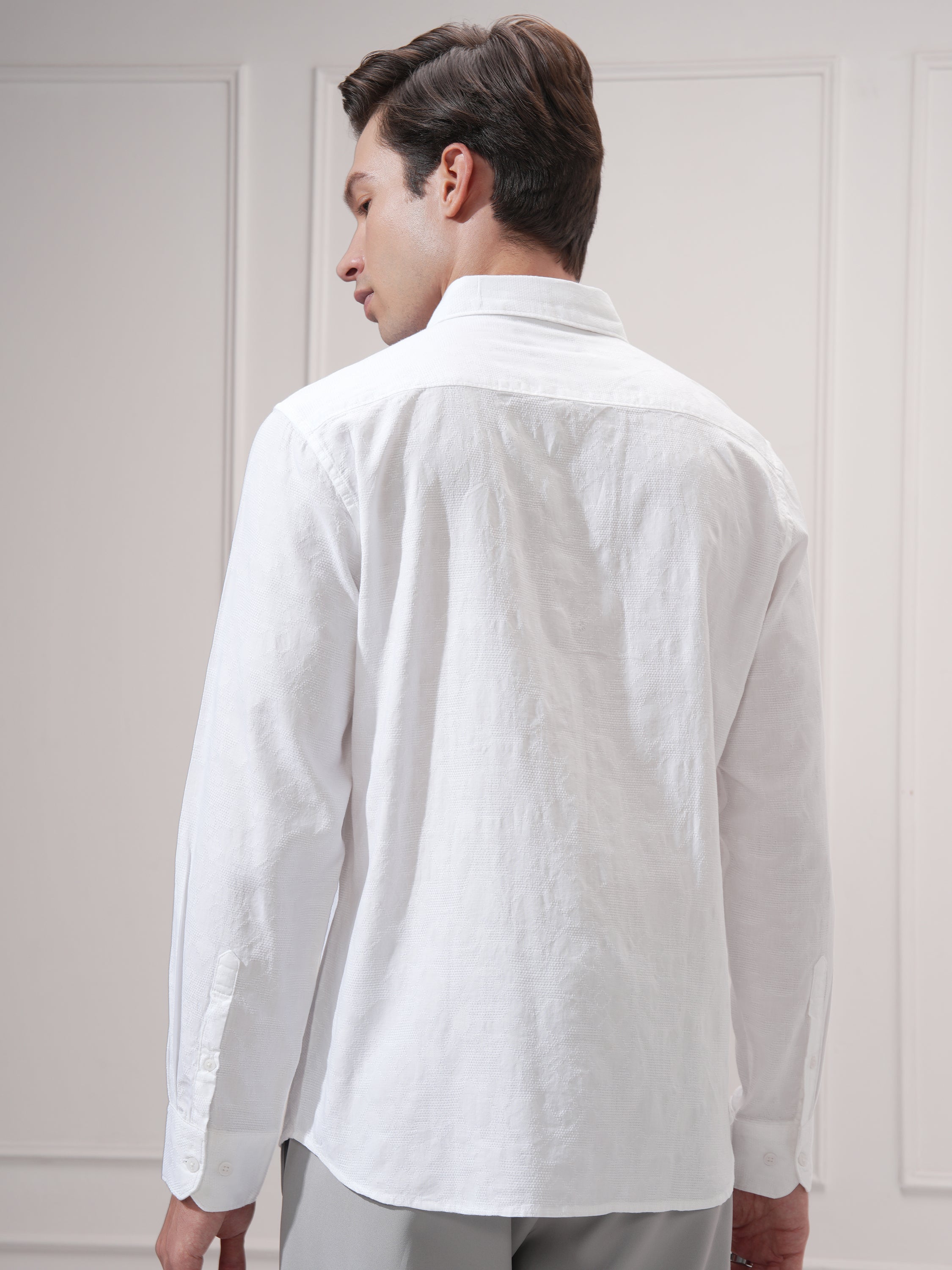 Highlander Men White Self Design Slim Fit Casual Shirt - White - Image 3