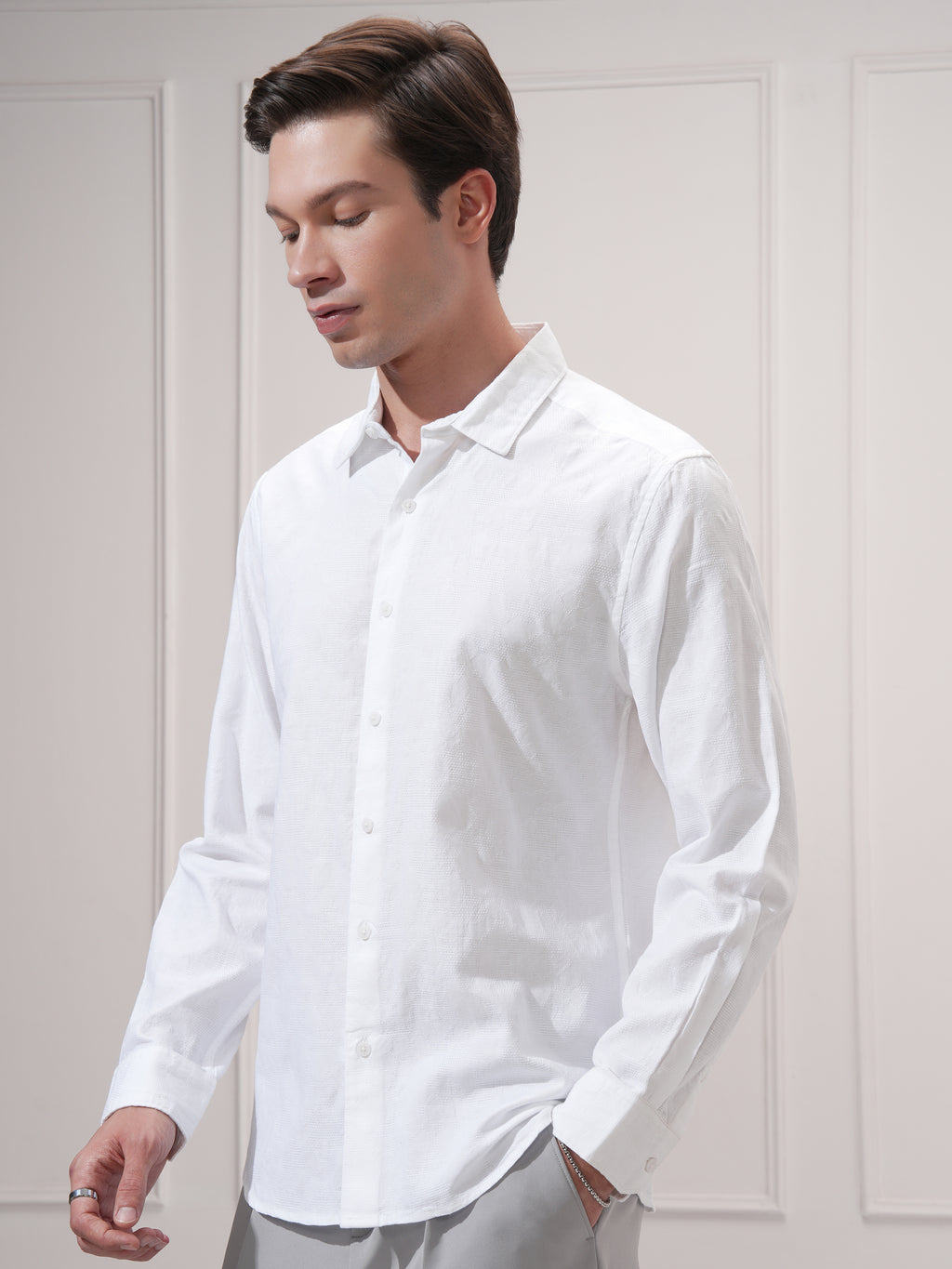 Highlander Men White Self Design Slim Fit Casual Shirt - White - Image 4