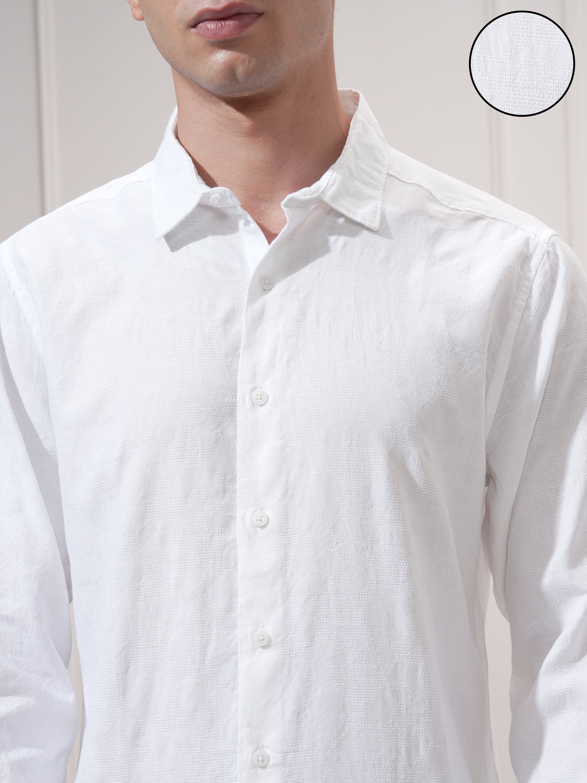 Highlander Men White Self Design Slim Fit Casual Shirt - White - Image 5