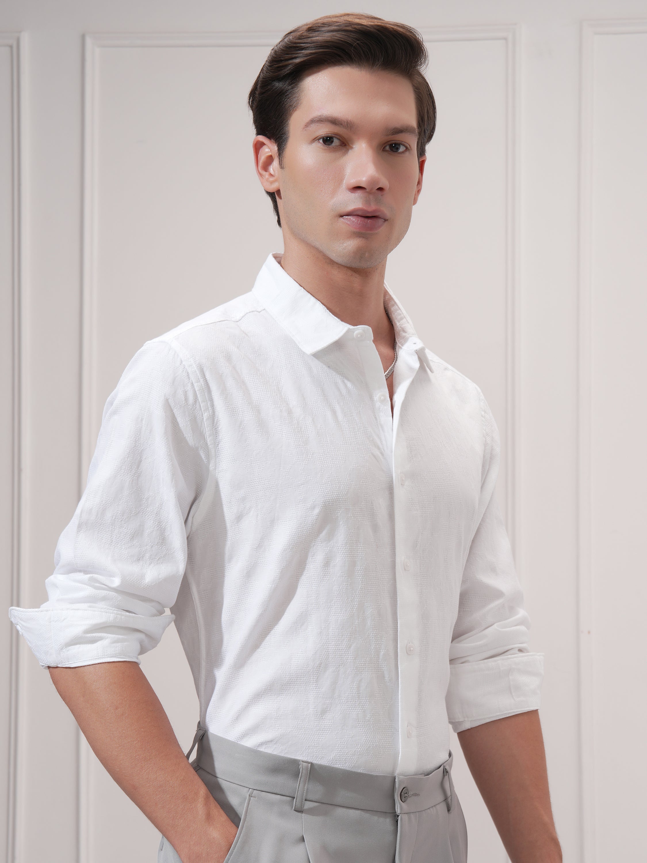 Highlander Men White Self Design Slim Fit Casual Shirt - White - Image 6