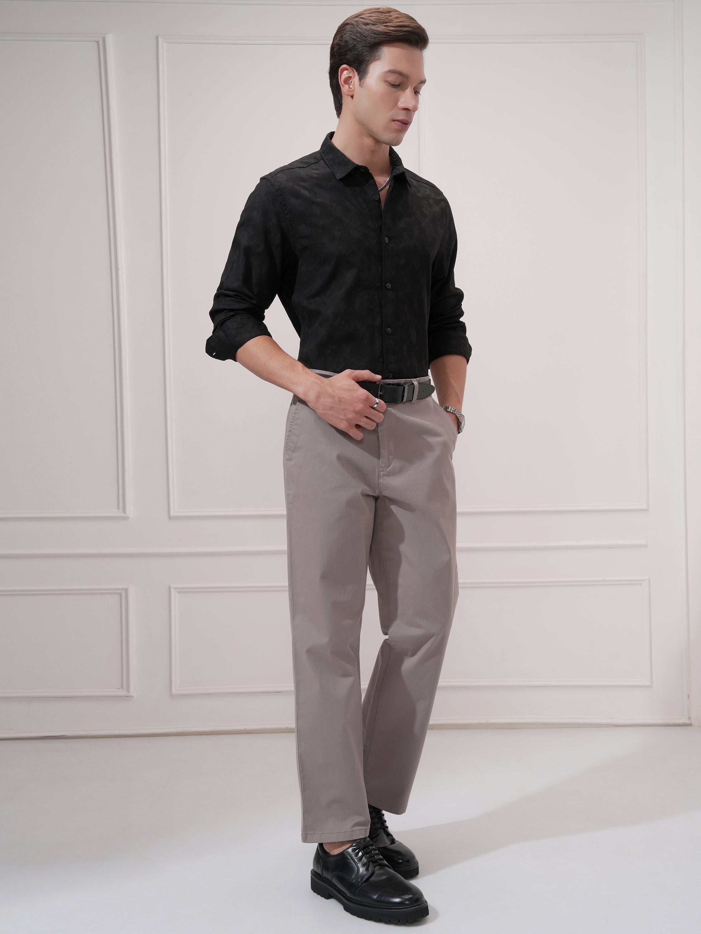 Highlander Men Black Self Design Slim Fit Casual Shirt - Black - Image 2