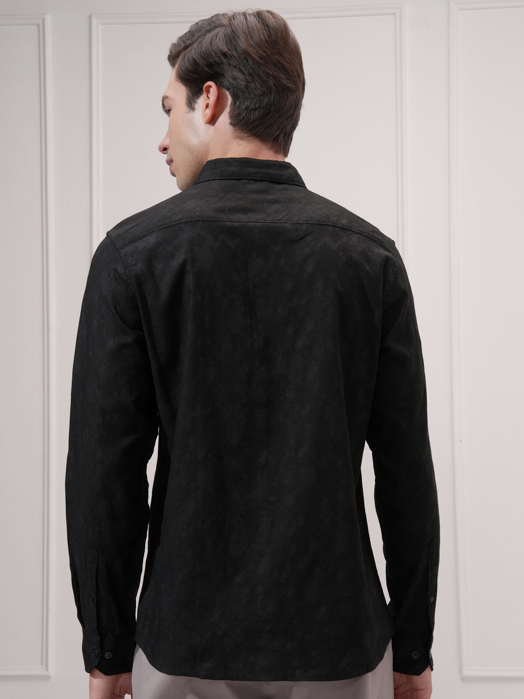 Highlander Men Black Self Design Slim Fit Casual Shirt - Black - Image 3