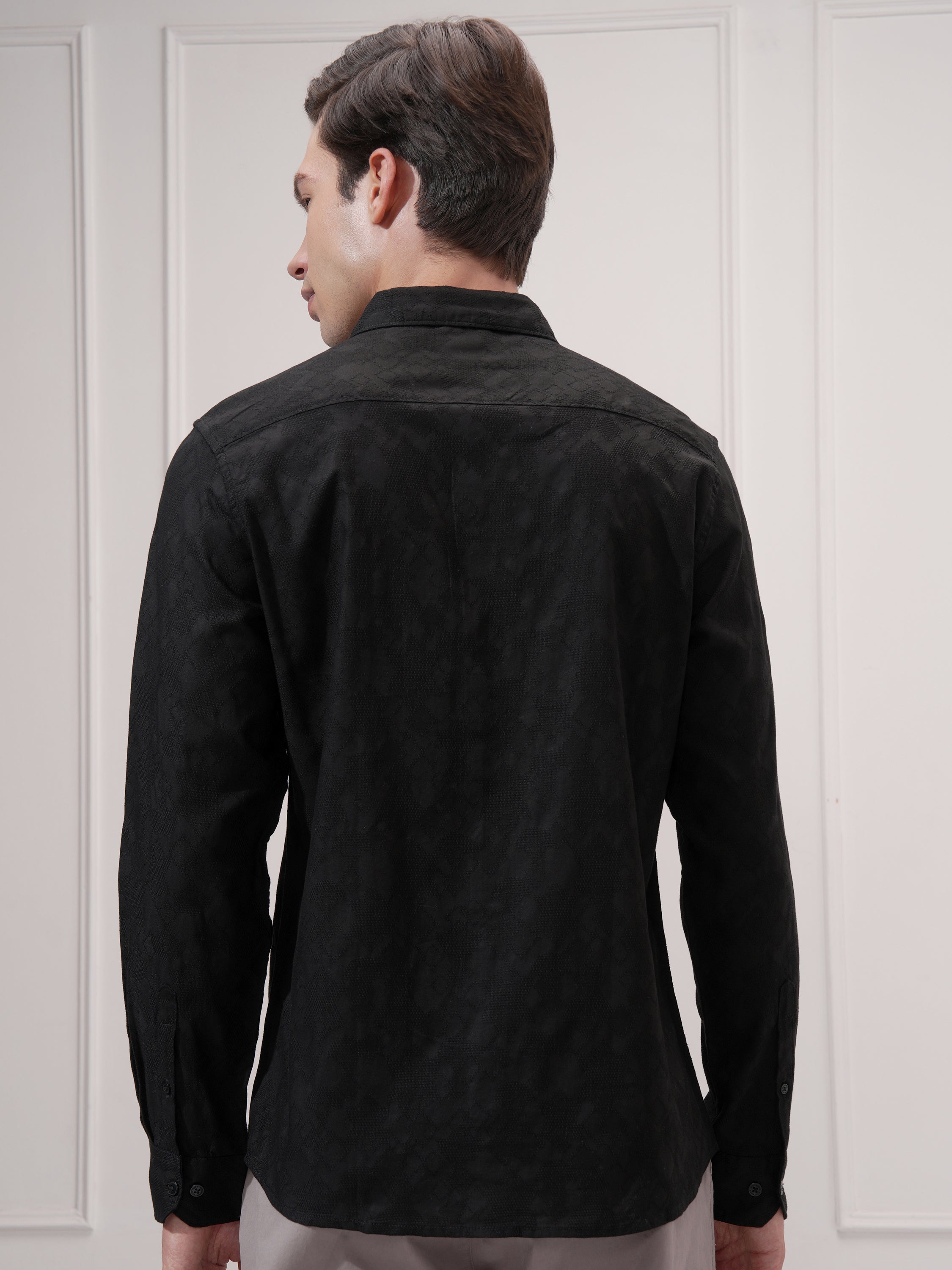 Highlander Men Black Self Design Slim Fit Casual Shirt - Black - Image 3
