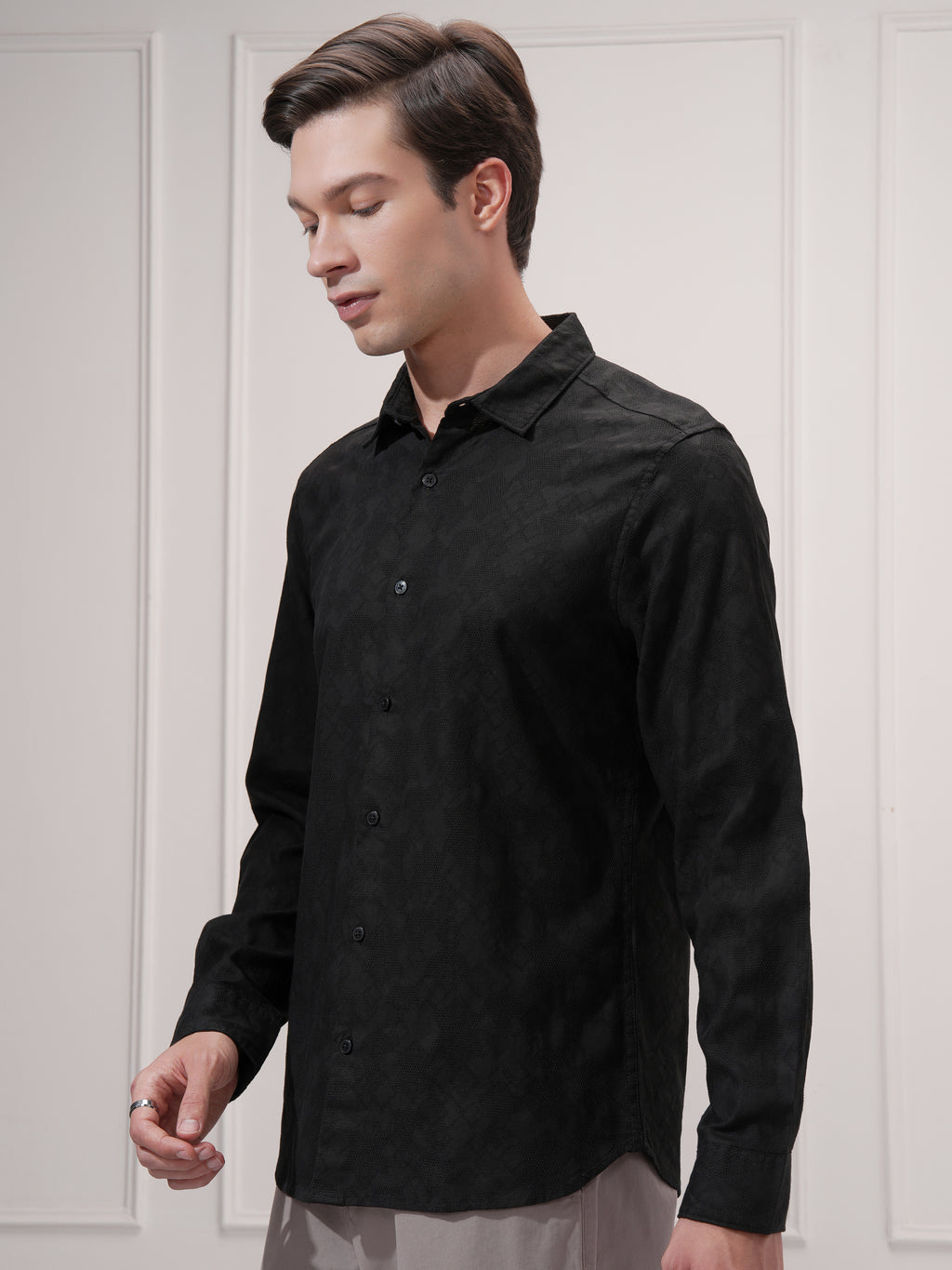 Highlander Men Black Self Design Slim Fit Casual Shirt - Black - Image 4
