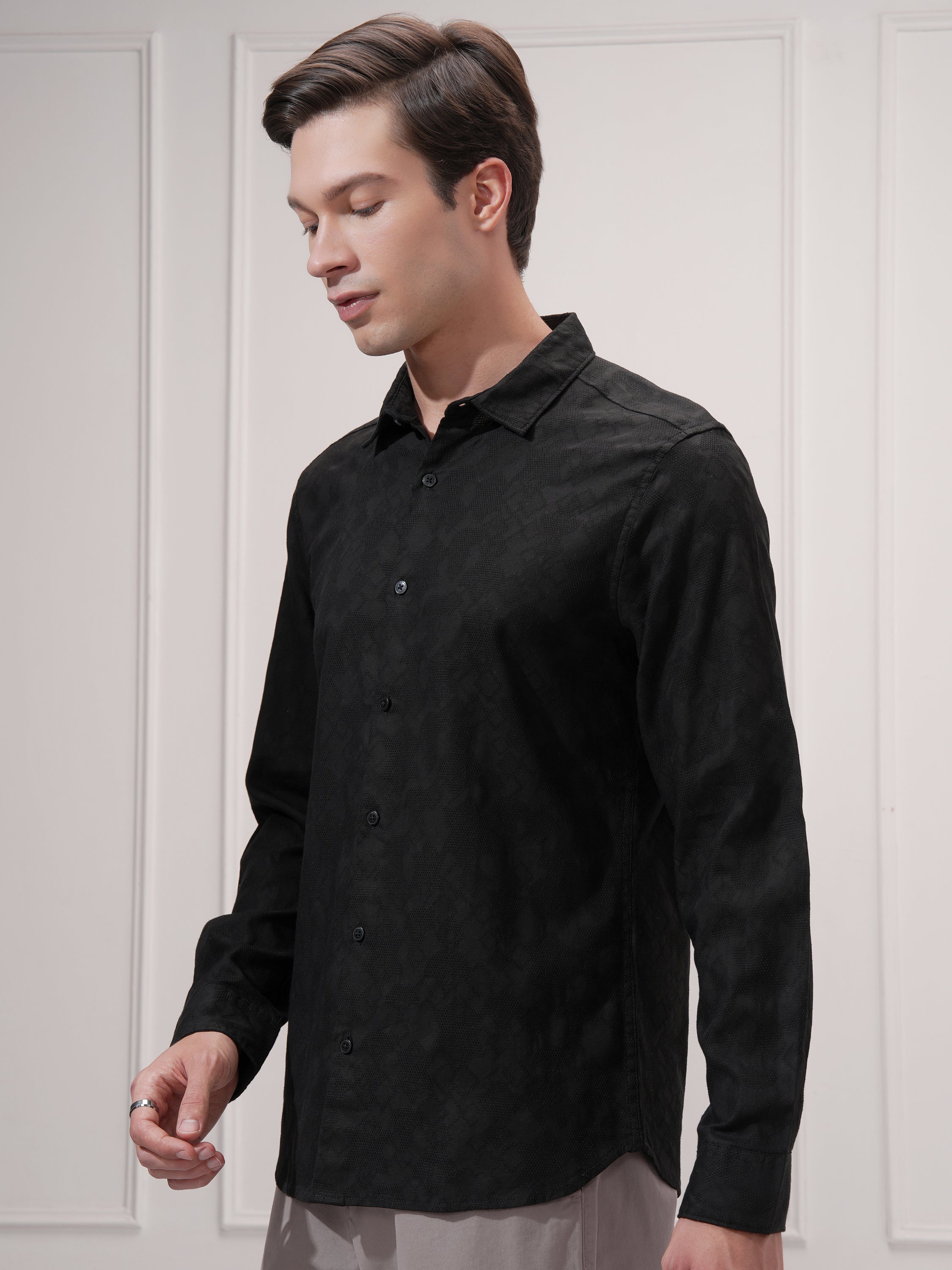 Highlander Men Black Self Design Slim Fit Casual Shirt - Black - Image 4