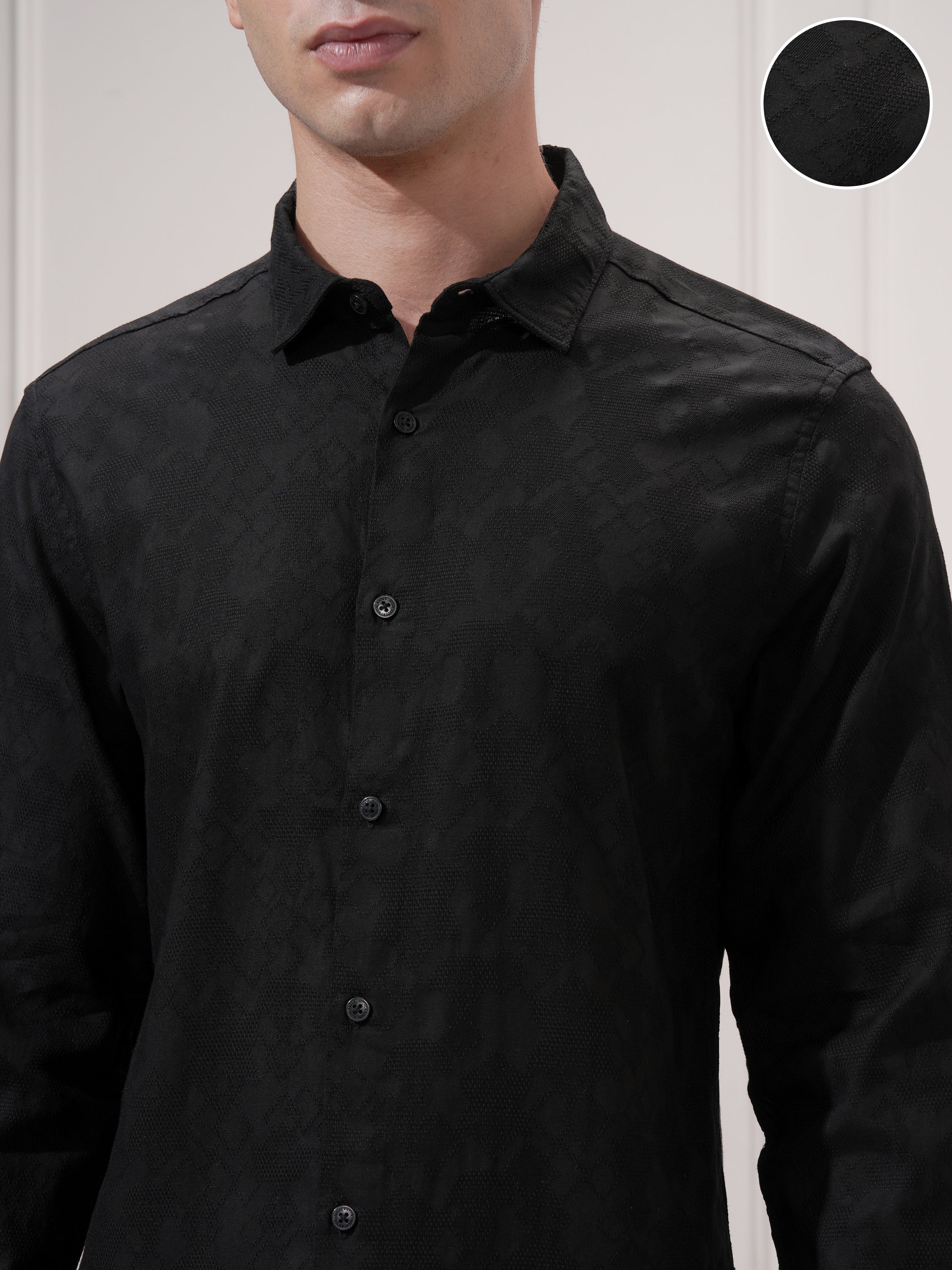 Highlander Men Black Self Design Slim Fit Casual Shirt - Black - Image 5