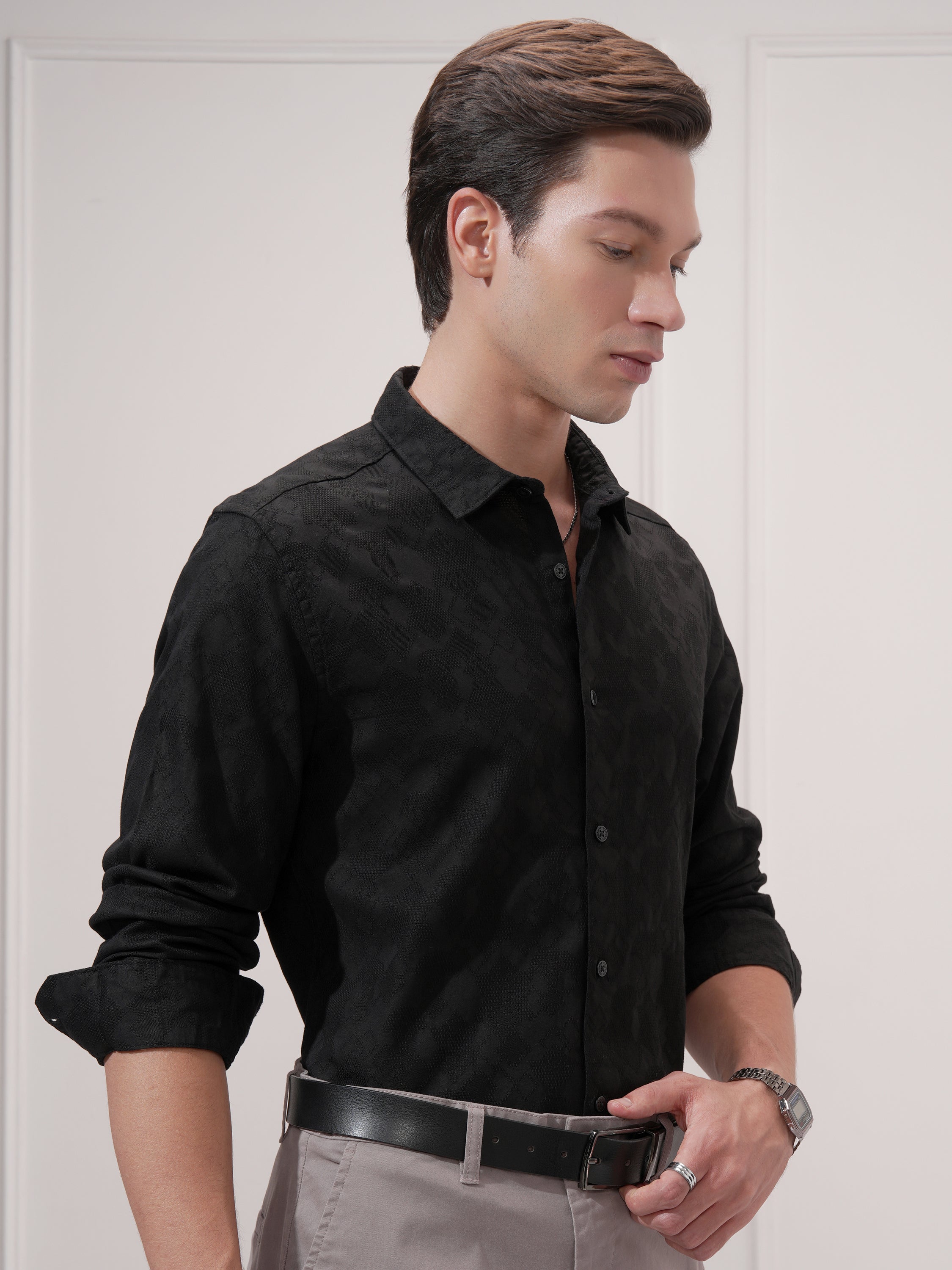 Highlander Men Black Self Design Slim Fit Casual Shirt - Black - Image 6