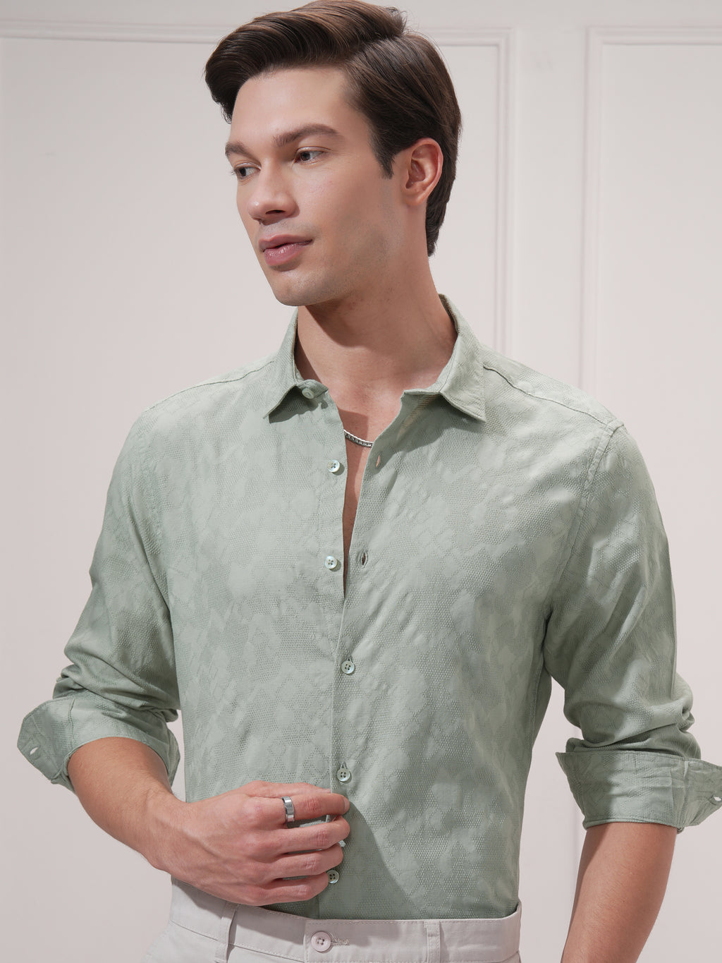 Highlander Men Green Self Design Slim Fit Casual Shirt - Green - Image 1