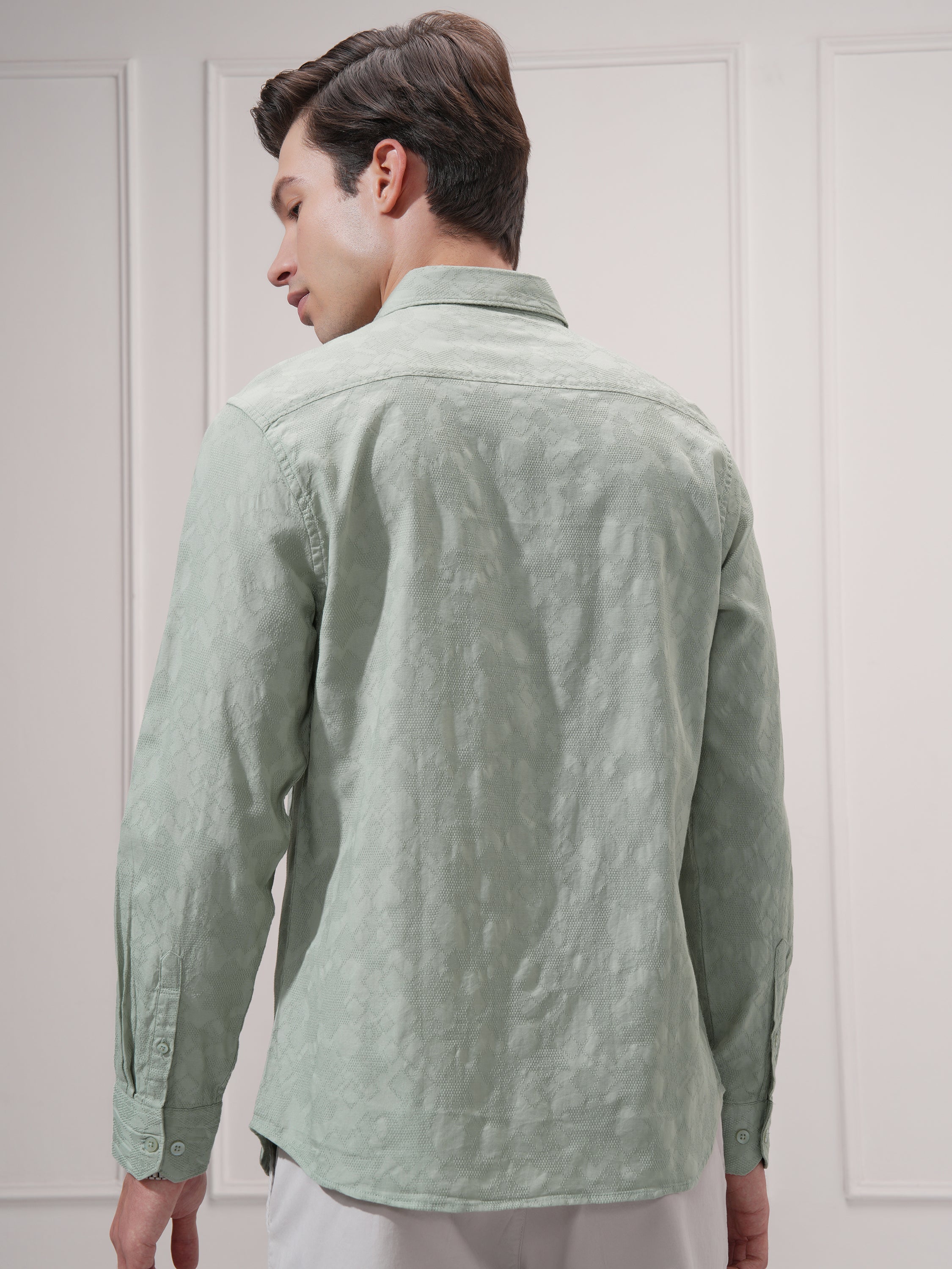 Highlander Men Green Self Design Slim Fit Casual Shirt - Green - Image 3