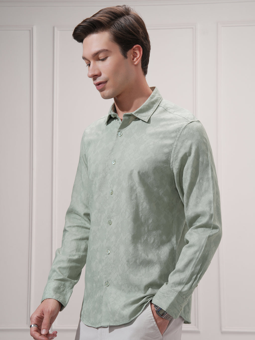 Highlander Men Green Self Design Slim Fit Casual Shirt - Green - Image 4