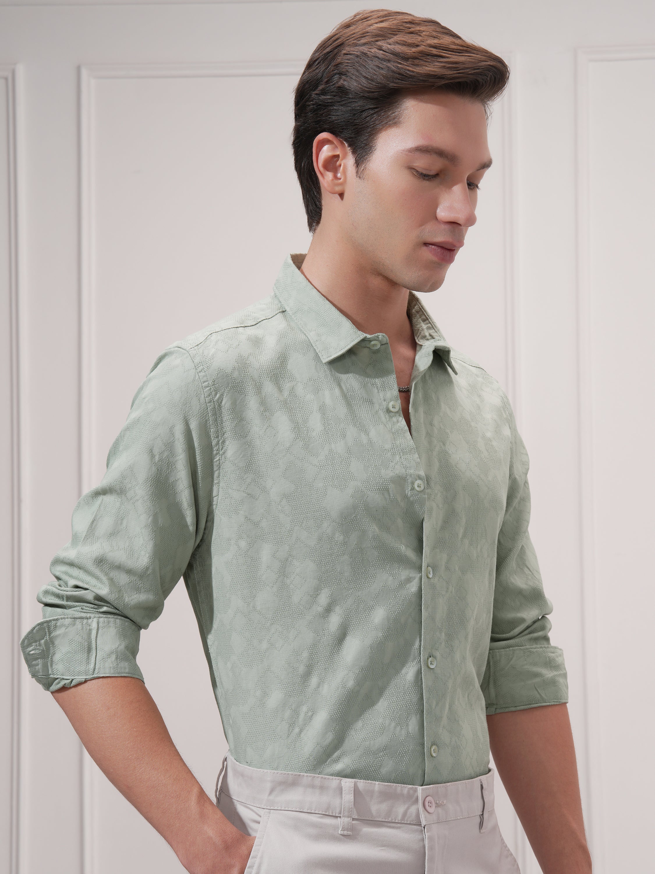 Highlander Men Green Self Design Slim Fit Casual Shirt - Green - Image 6