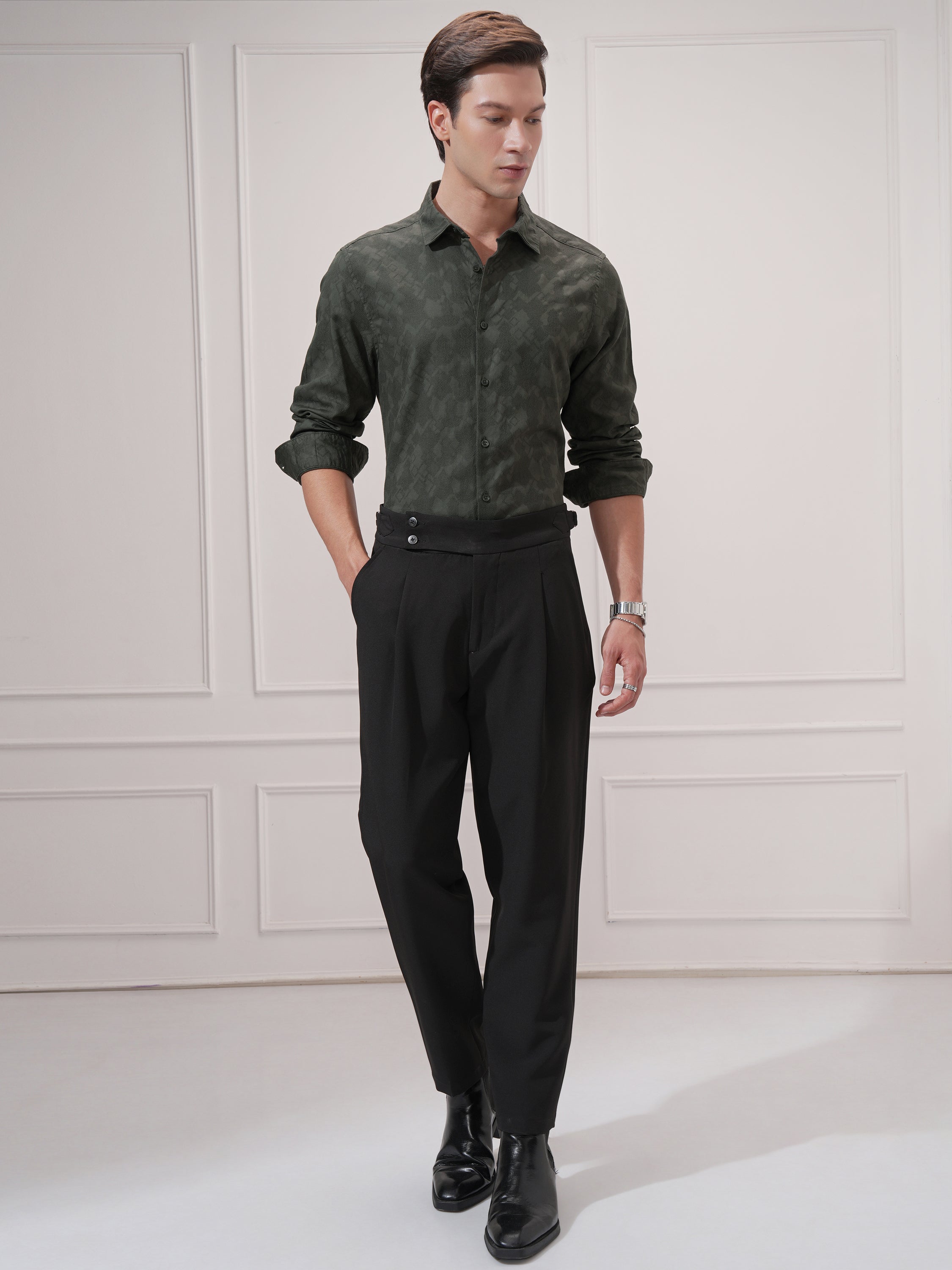 Highlander Men Green Self Design Slim Fit Casual Shirt - Green - Image 2