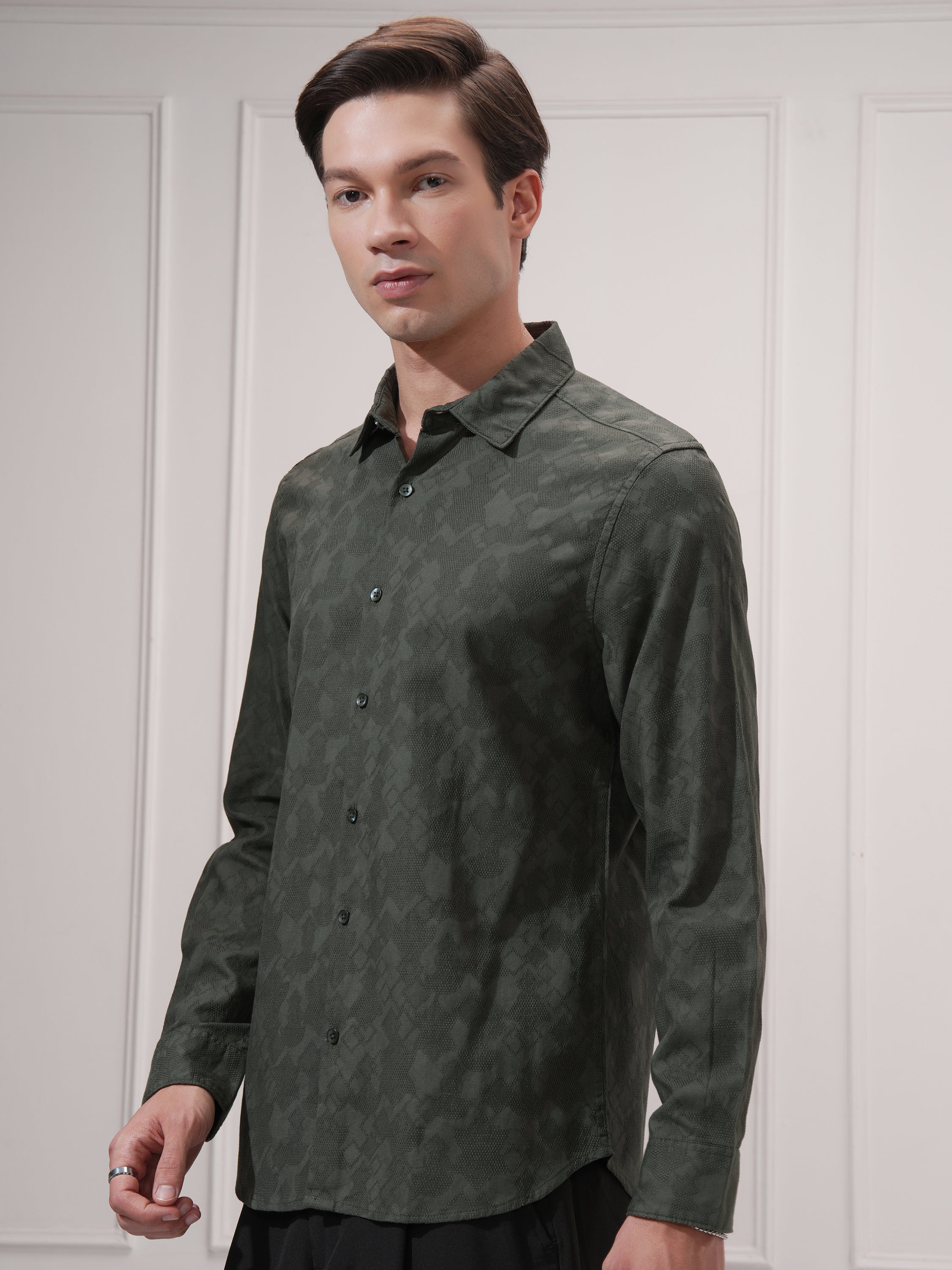 Highlander Men Green Self Design Slim Fit Casual Shirt - Green - Image 4