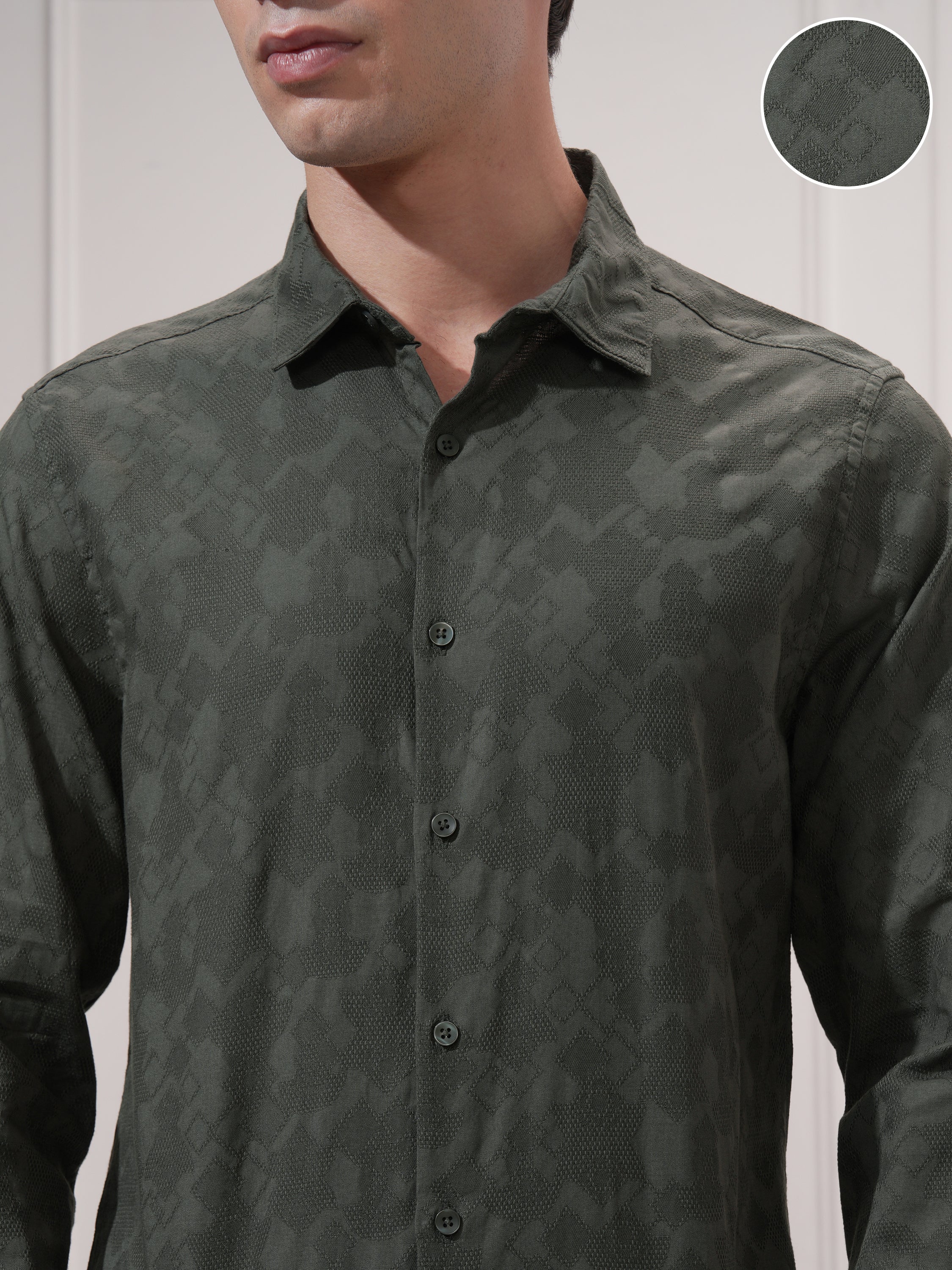 Highlander Men Green Self Design Slim Fit Casual Shirt - Green - Image 5