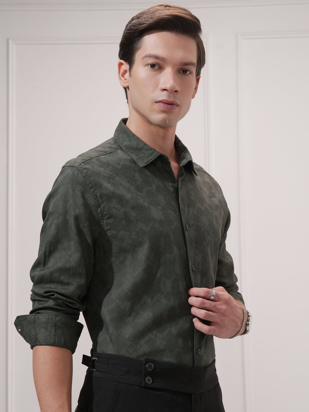 Highlander Men Green Self Design Slim Fit Casual Shirt - Green - Image 6