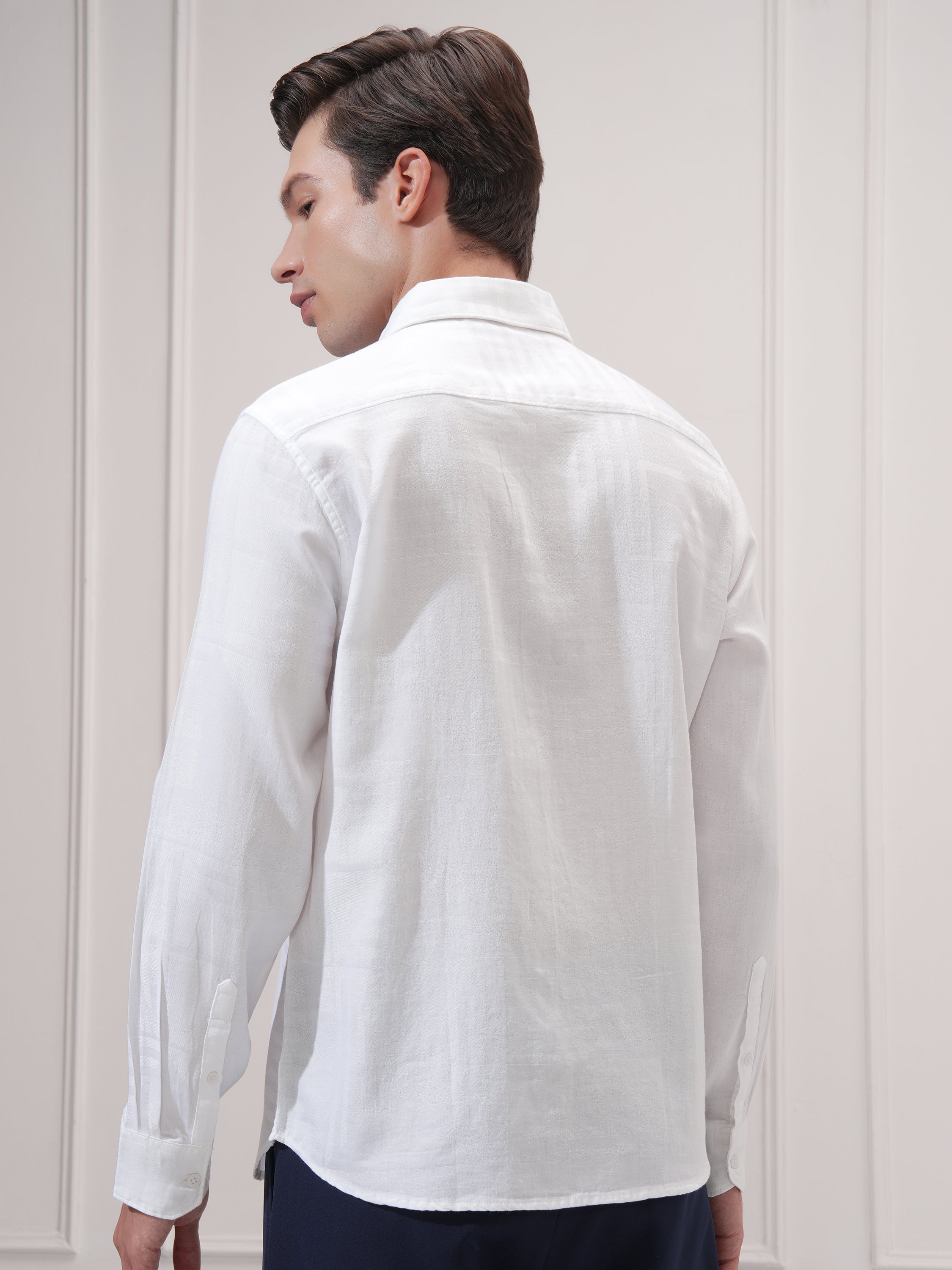 Highlander Men White Self Design Slim Fit Casual Shirt - White - Image 3