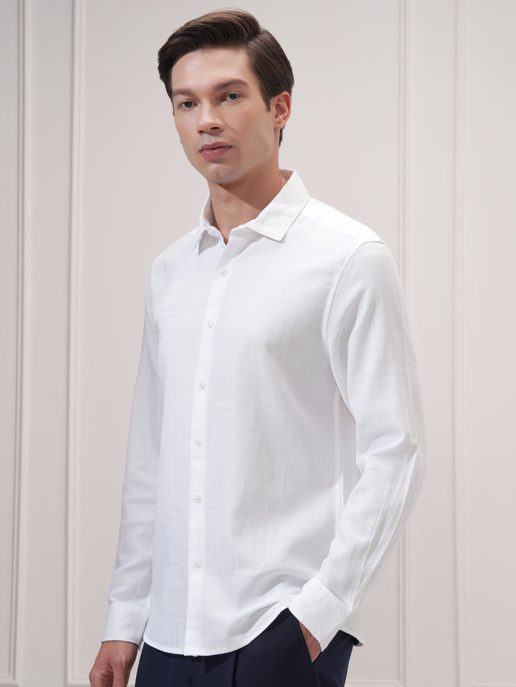 Highlander Men White Self Design Slim Fit Casual Shirt - White - Image 4