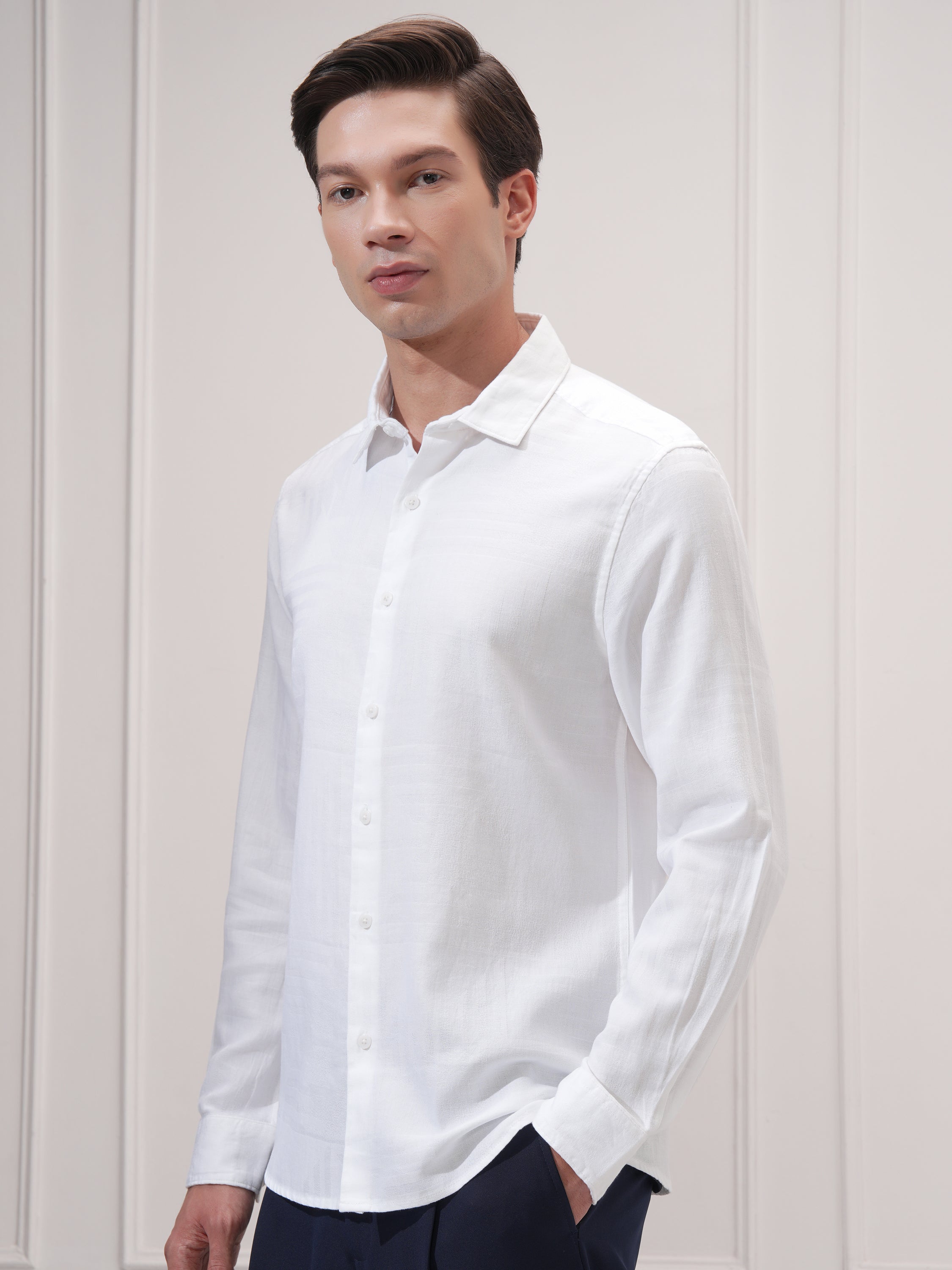 Highlander Men White Self Design Slim Fit Casual Shirt - White - Image 4