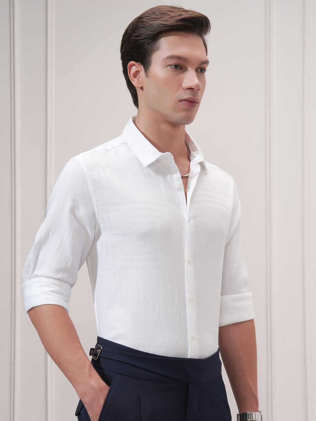 Highlander Men White Self Design Slim Fit Casual Shirt - White - Image 6