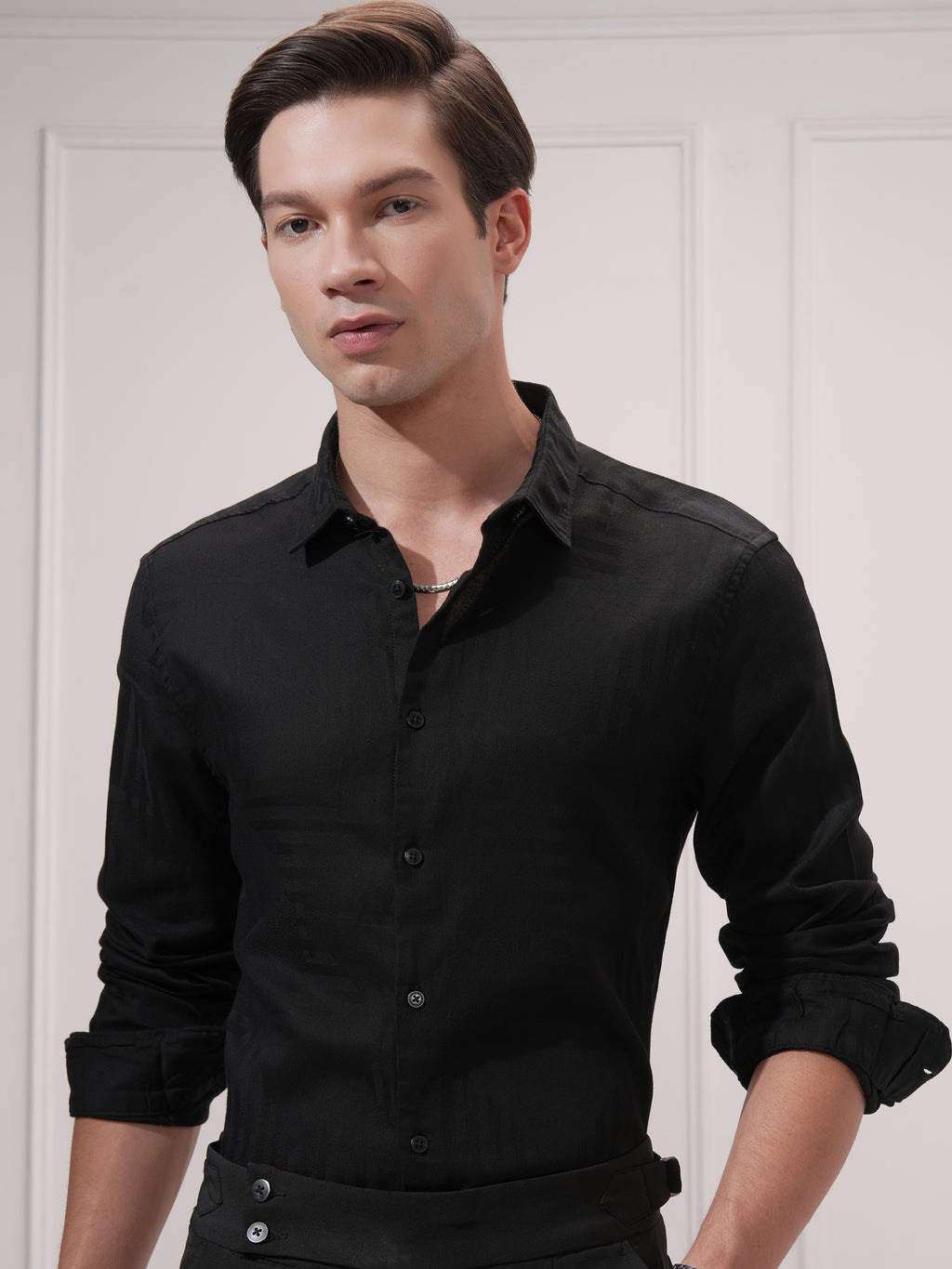 Highlander Men Black Self Design Slim Fit Casual Shirt - Black - Image 1