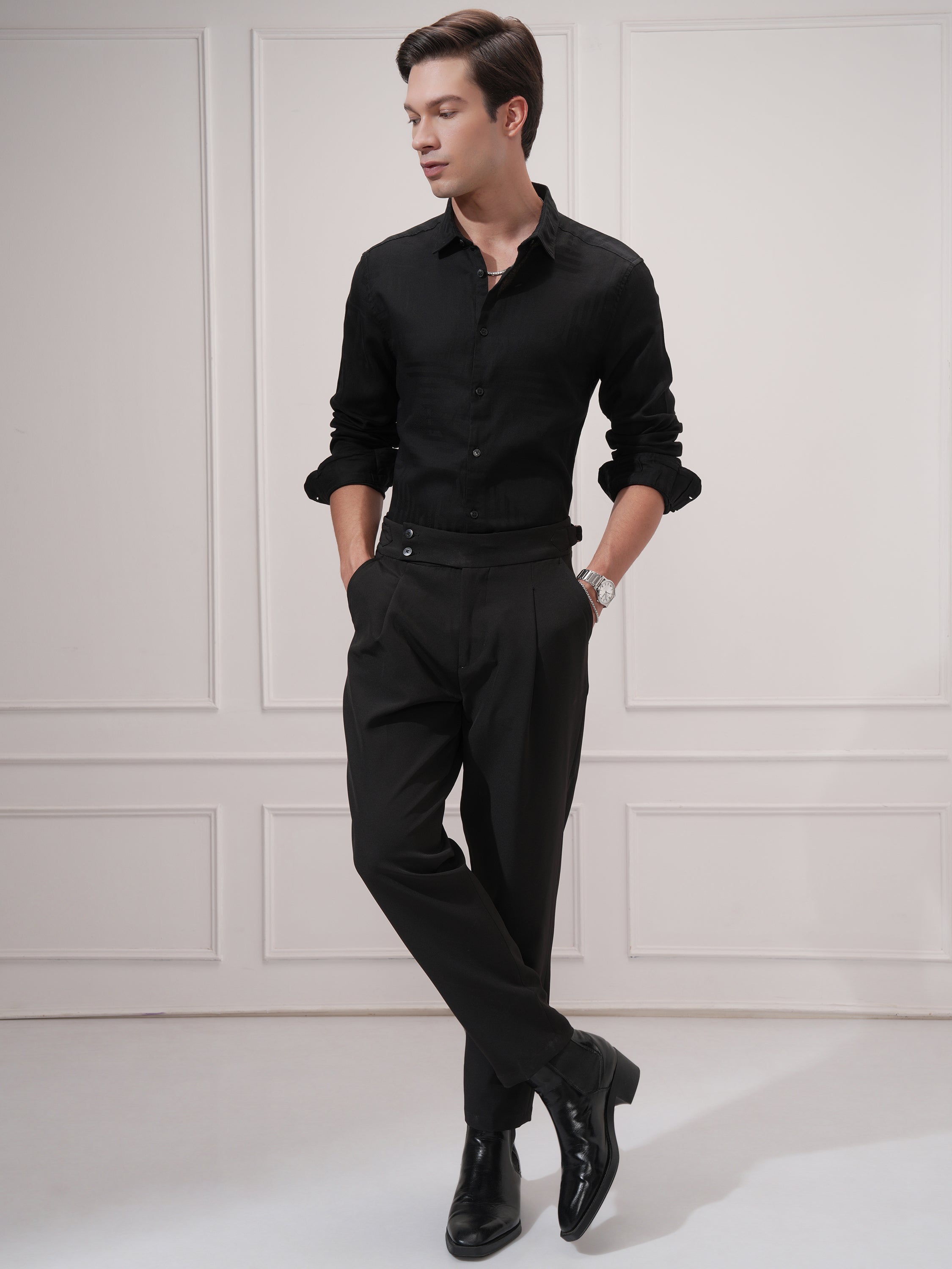 Highlander Men Black Self Design Slim Fit Casual Shirt - Black - Image 2