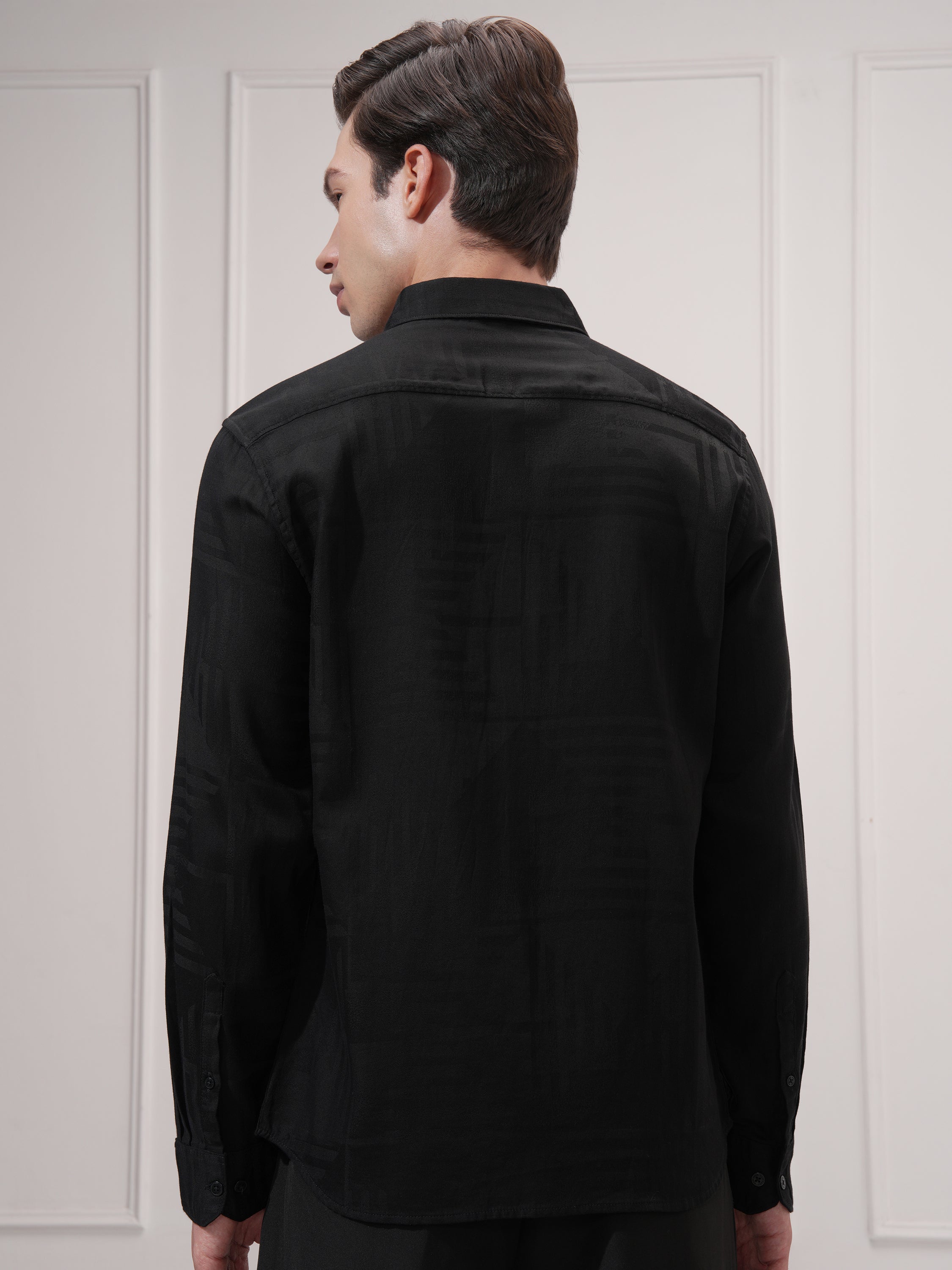 Highlander Men Black Self Design Slim Fit Casual Shirt - Black - Image 3